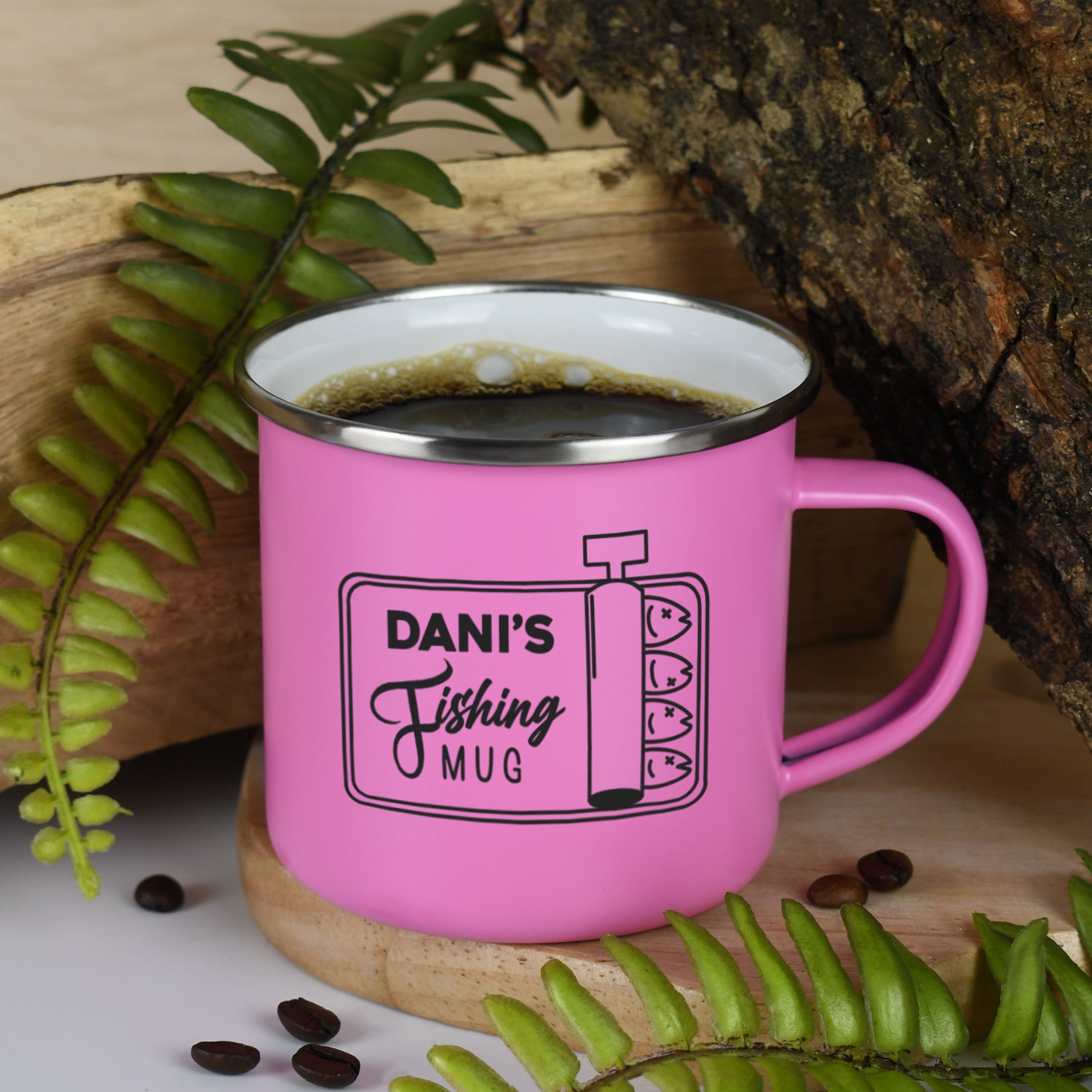 Personalised Fishing Enamel Camping Mug - Pink - Mugs