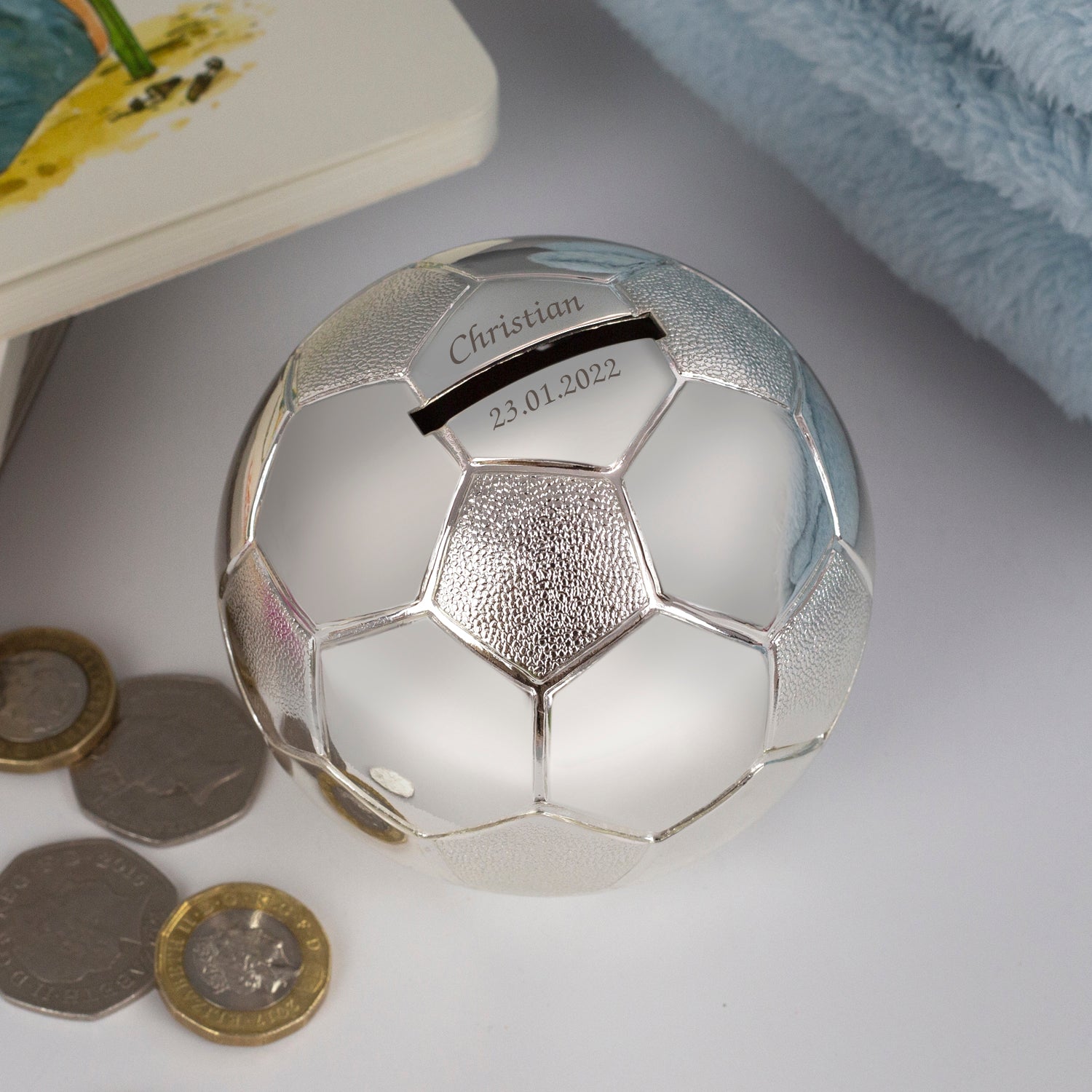 Personalised Silver Football Money Box | Engraved Message - Money Boxes