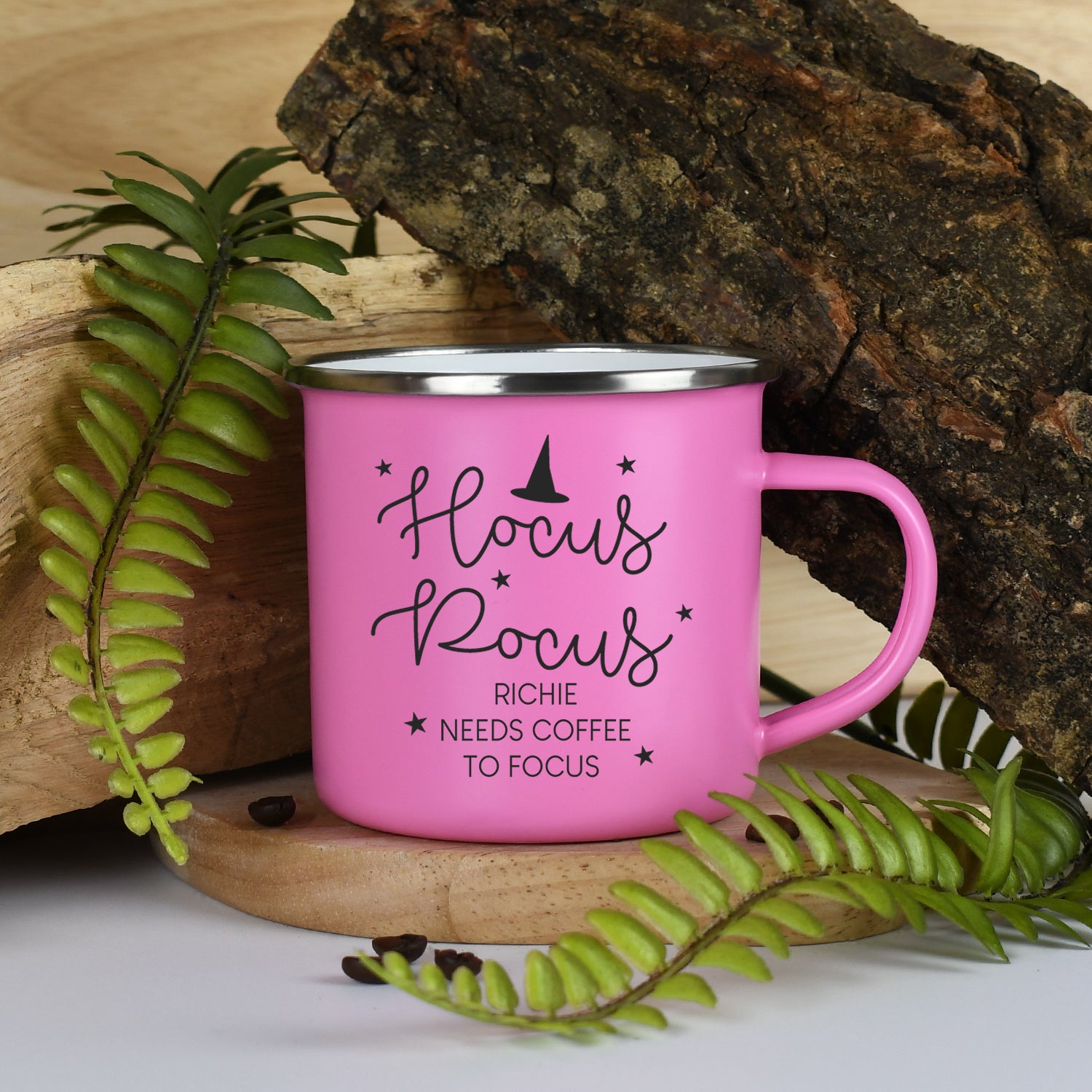 Personalised Hocus Pocus Halloween Enamel Camping Mug - Pink - Mugs