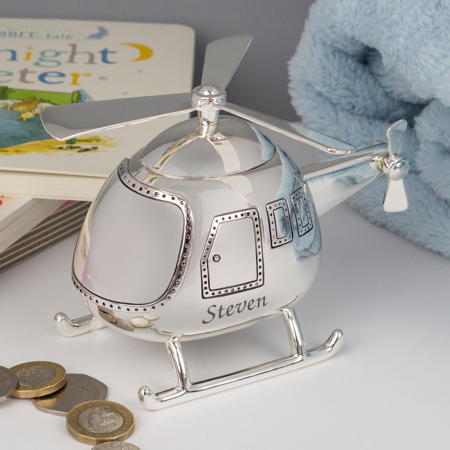 Personalised Name Silver Helicopter Money Box - Money Boxes