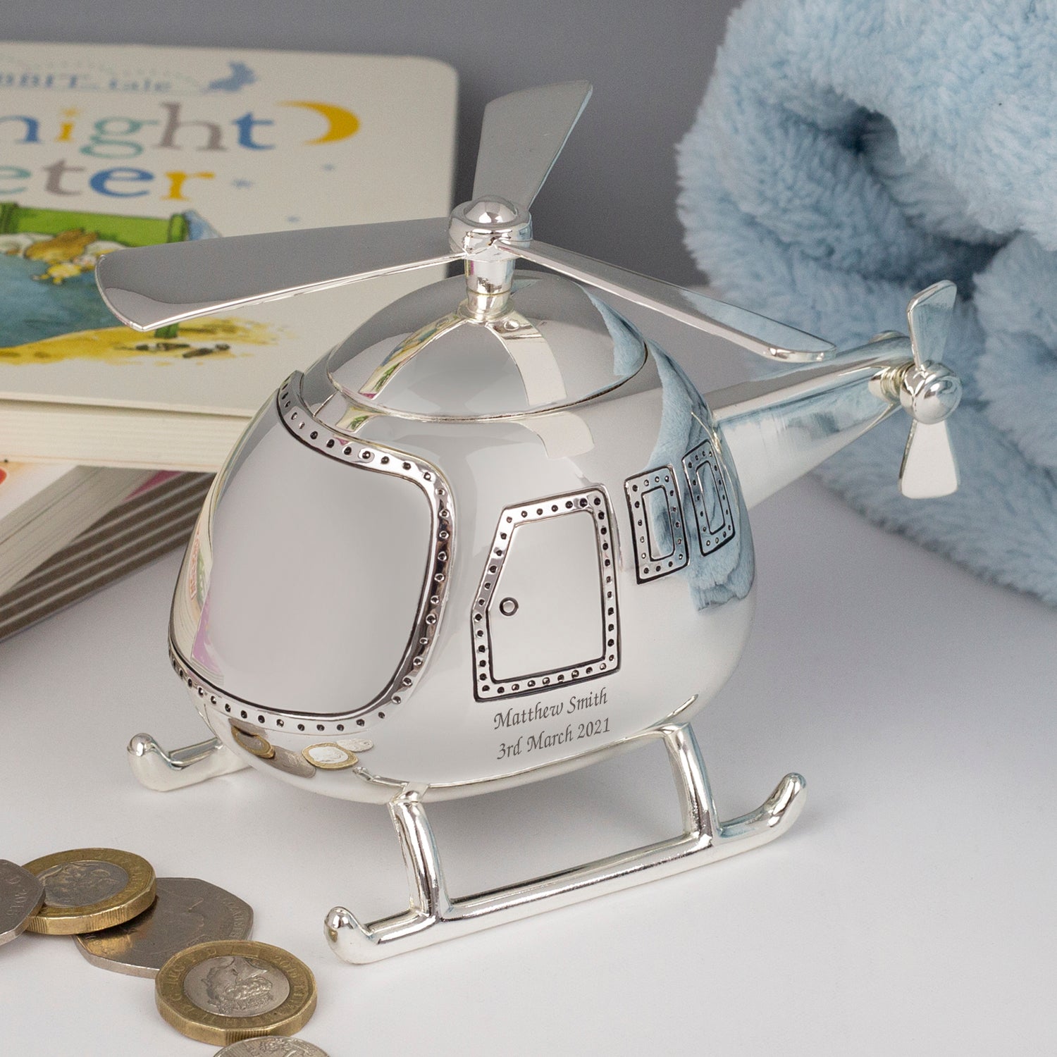 Personalised Message Silver Helicopter Money Box - Money Boxes