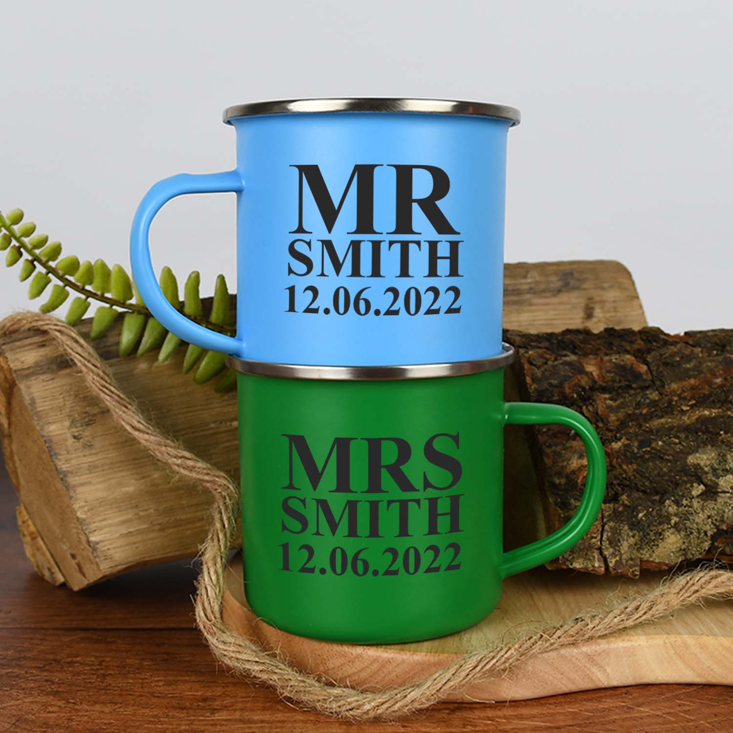 Personalised Mr & Mrs Enamel Camping Mug Set - Mugs