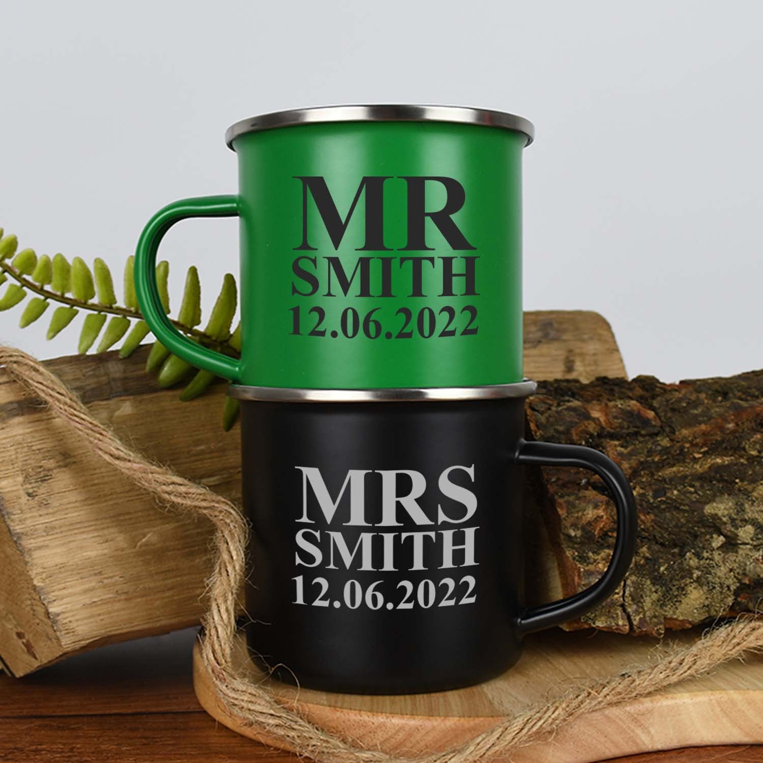 Personalised Mr & Mrs Enamel Camping Mug Set - Mugs