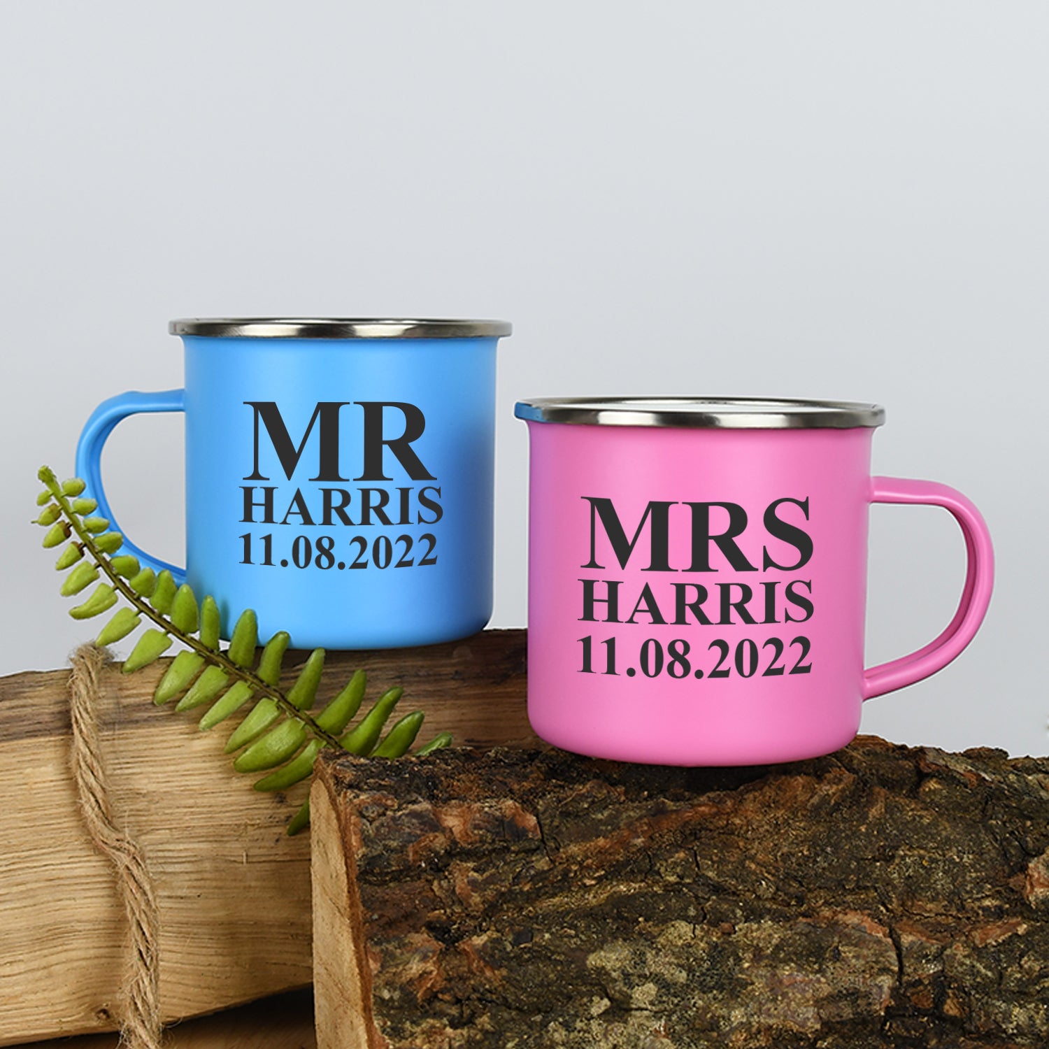 Personalised Mr & Mrs Enamel Camping Mug Set - Mugs