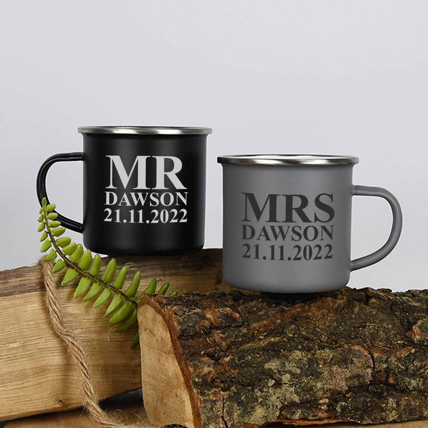 Personalised Mr & Mrs Enamel Camping Mug Set - Mugs