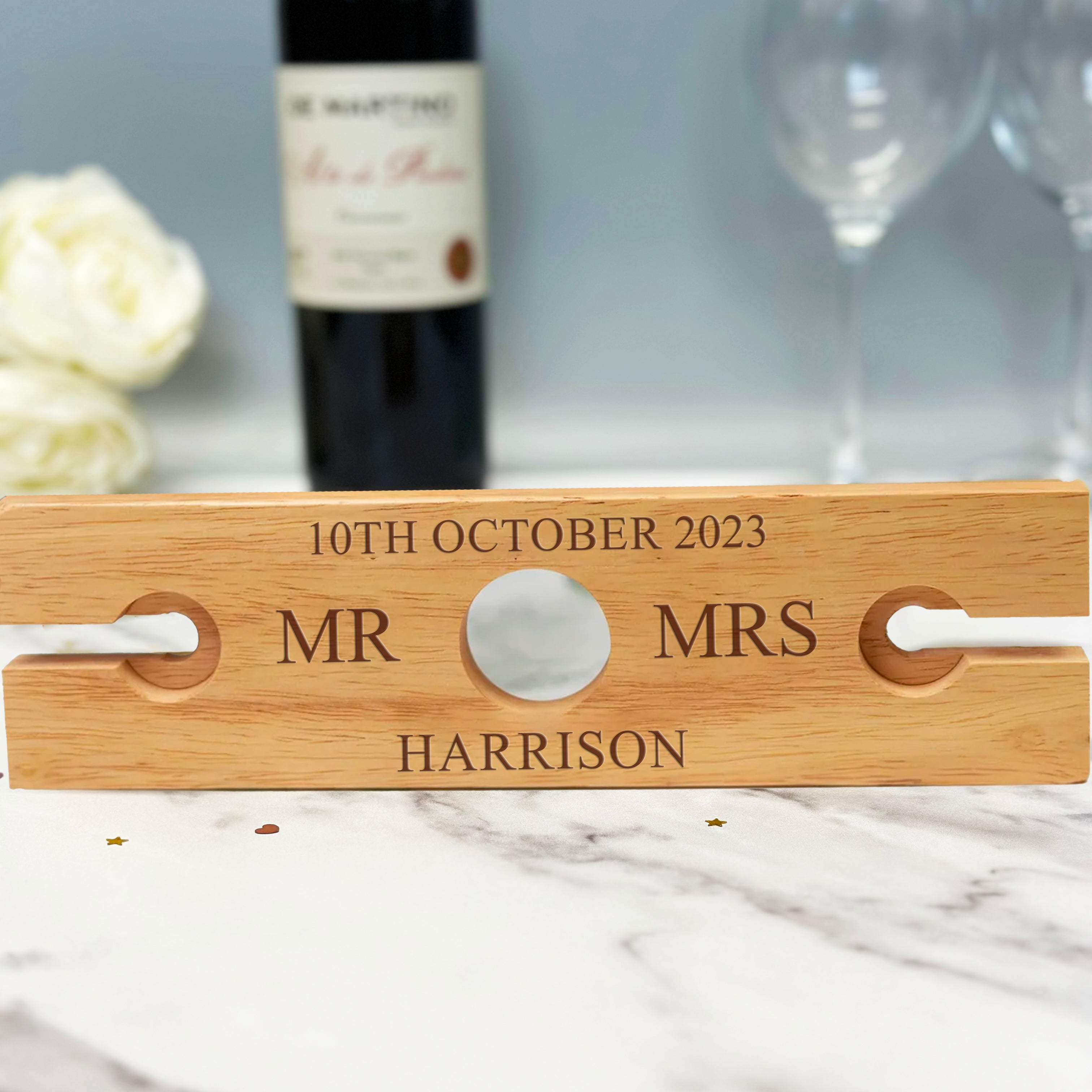 Personalised Mr & Mrs Wooden Wine Glass & Bottle Holder - Wooden Wine Holders
