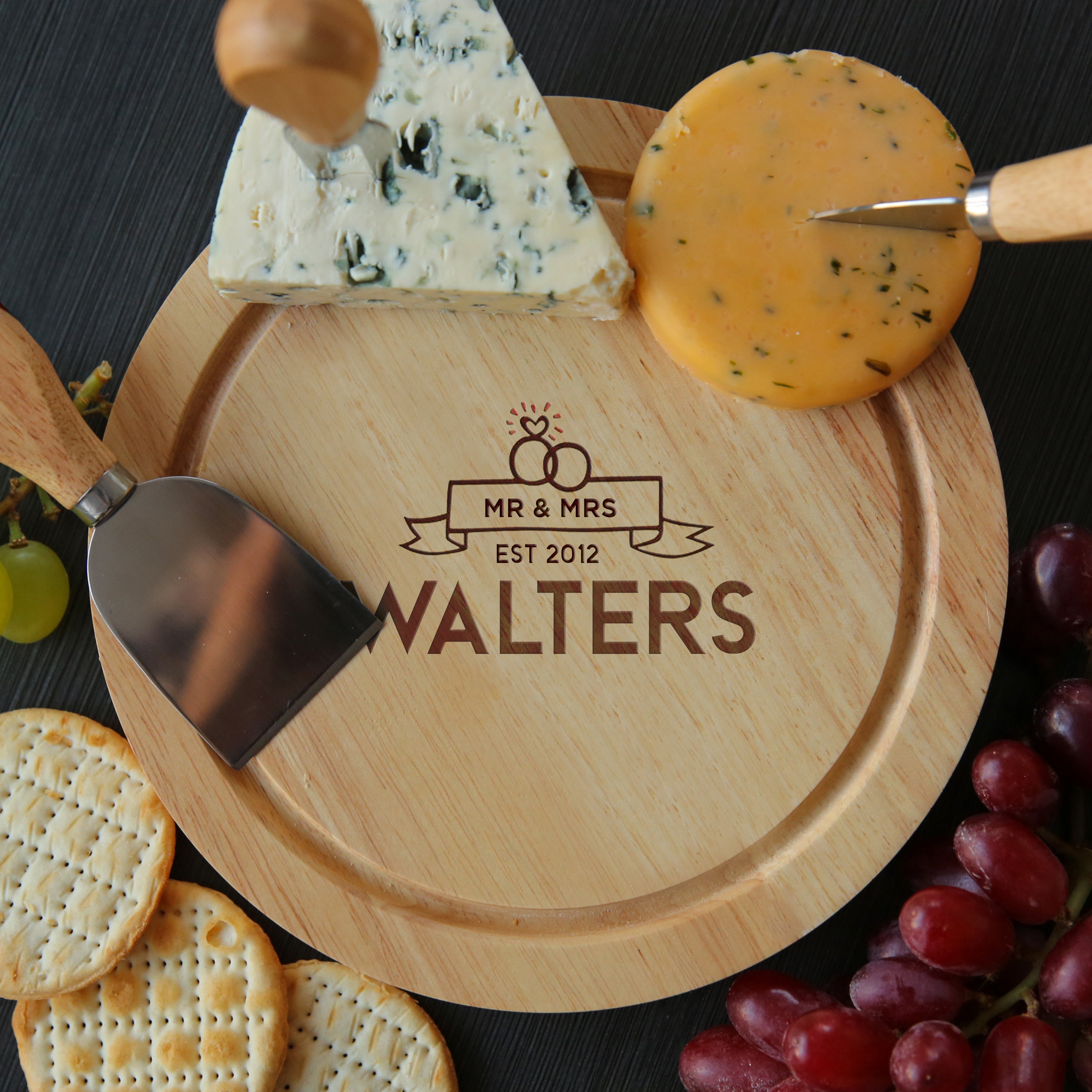 Personalised Mr & Mrs Banner Cheese Board And Knives Set - Cheeseboard Sets