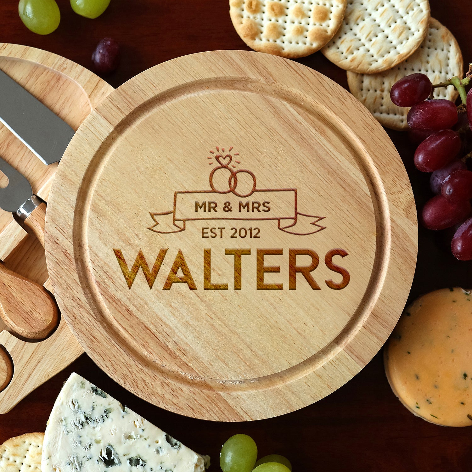 Personalised Mr & Mrs Banner Cheese Board And Knives Set - Cheeseboard Sets