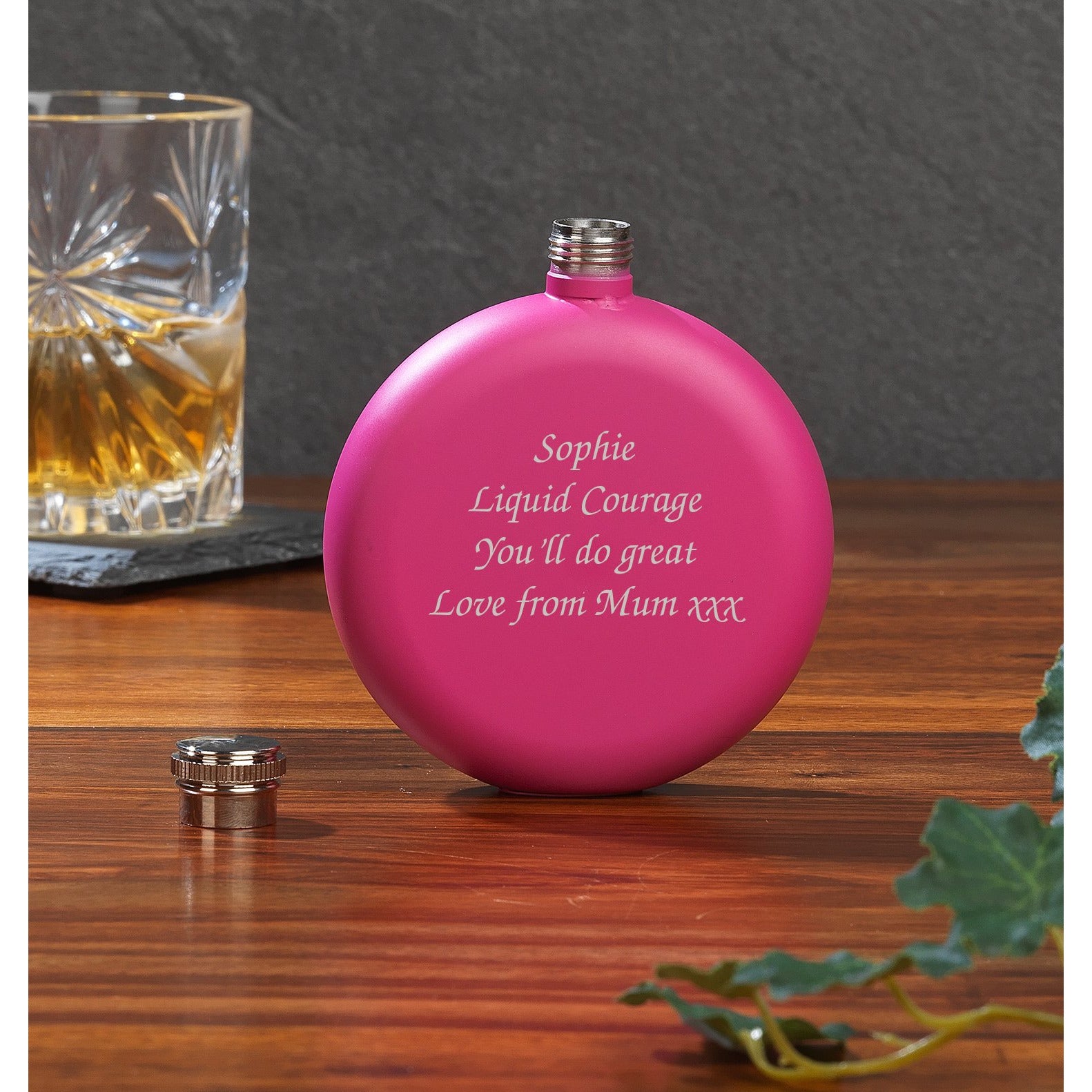 Personalised 5oz Round Pink Hip Flask - Hip Flasks