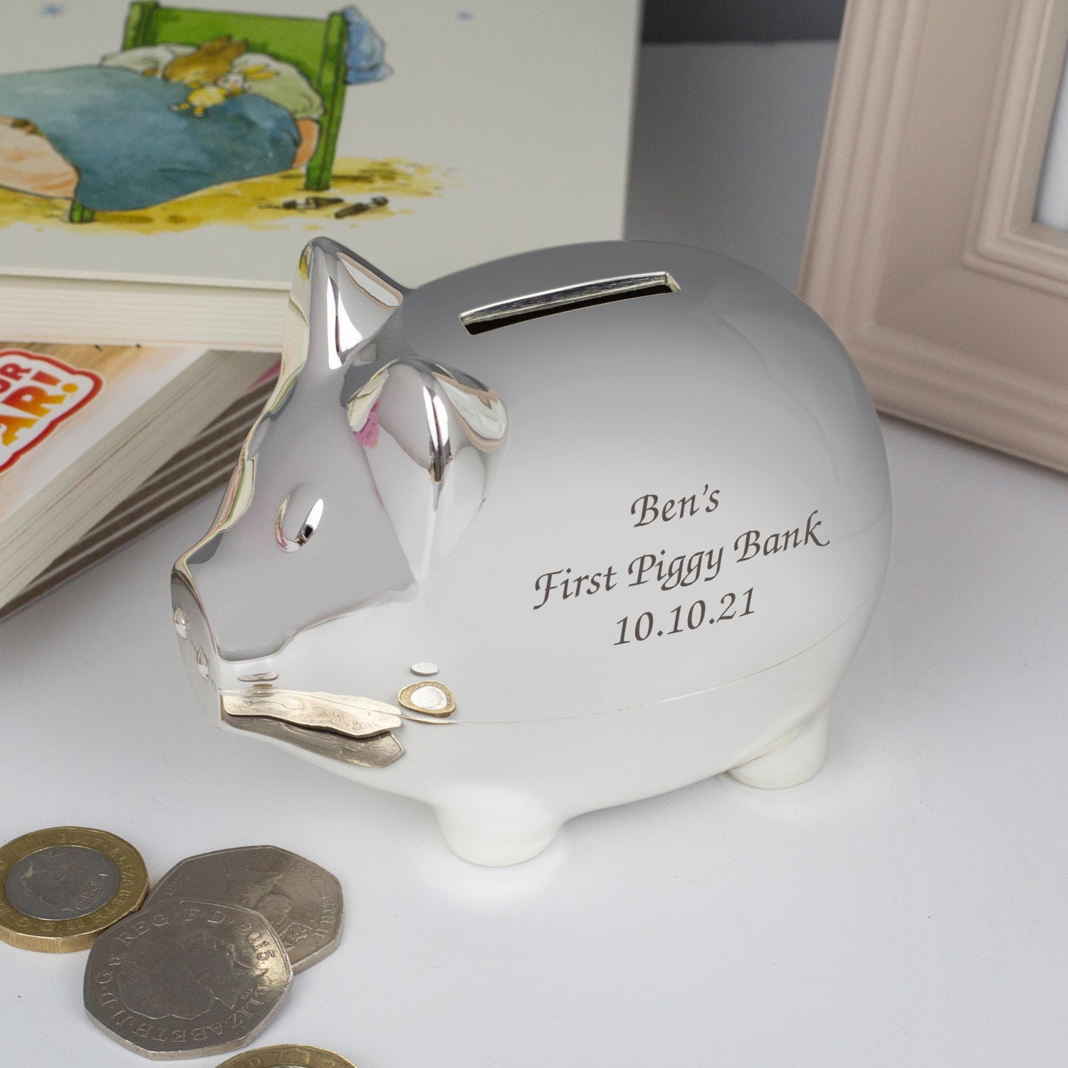 Personalised Message Silver Pig Money Box - Money Boxes
