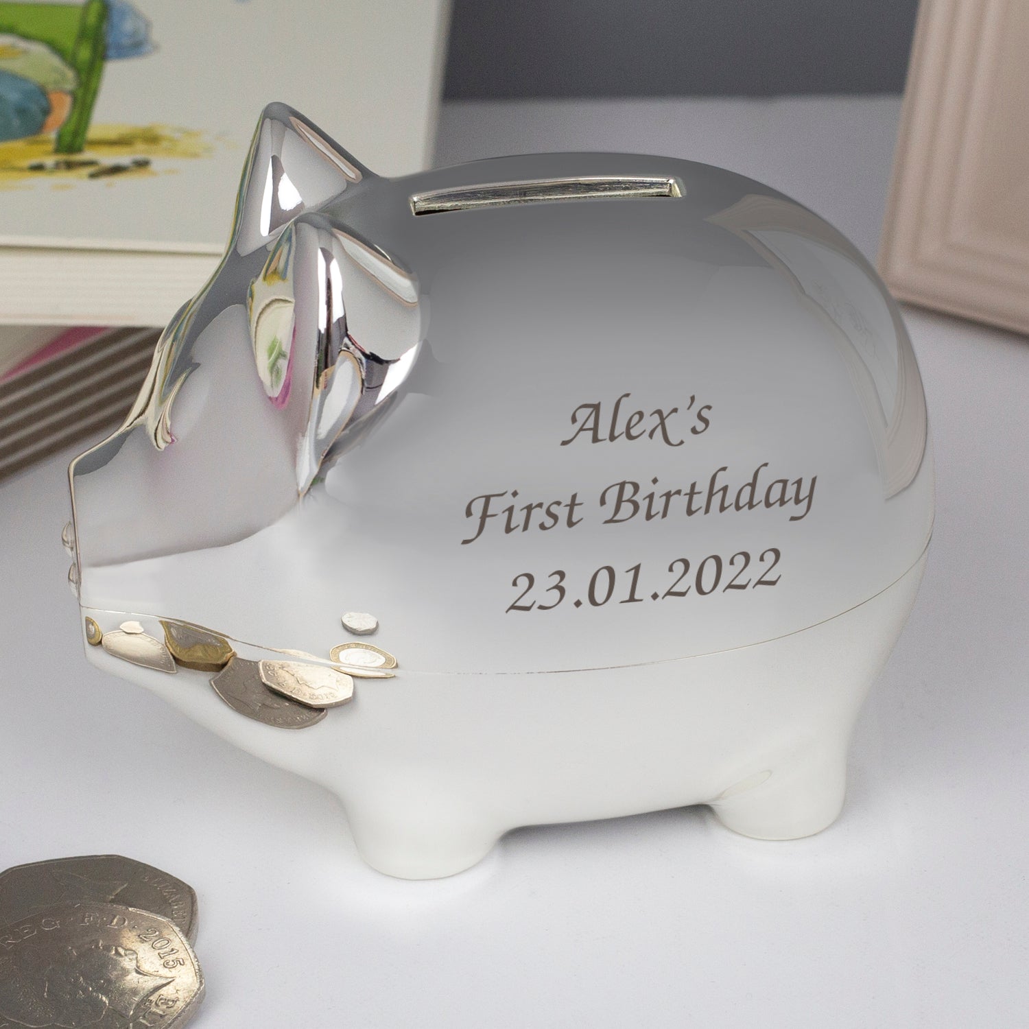 Personalised Message Silver Pig Money Box - Money Boxes