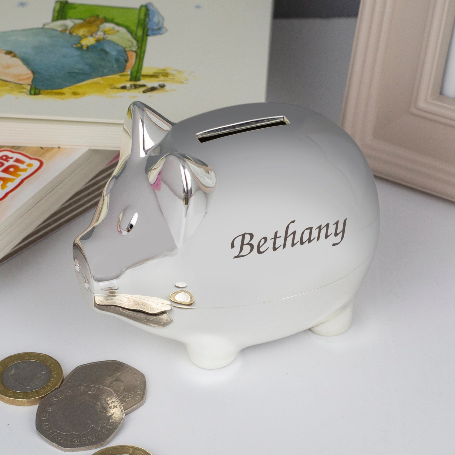 Personalised Name Silver Pig Money Box - Money Boxes