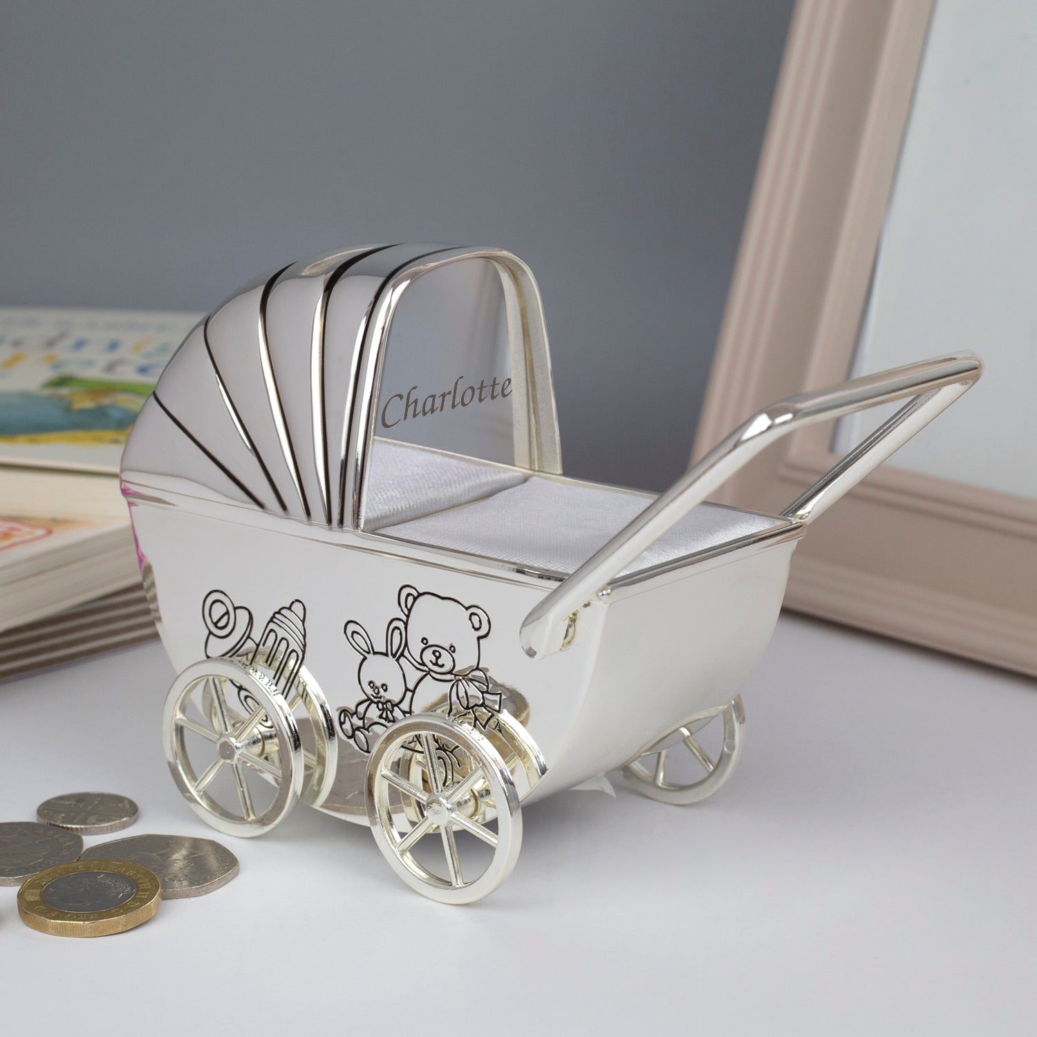 Personalised Name Silver Baby Pram Money Box - Money Boxes