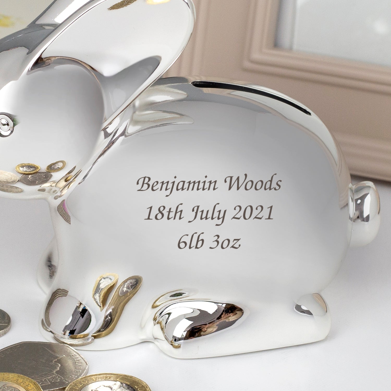 Personalised Silver Rabbit Money Box | Engraved Message - Money Boxes