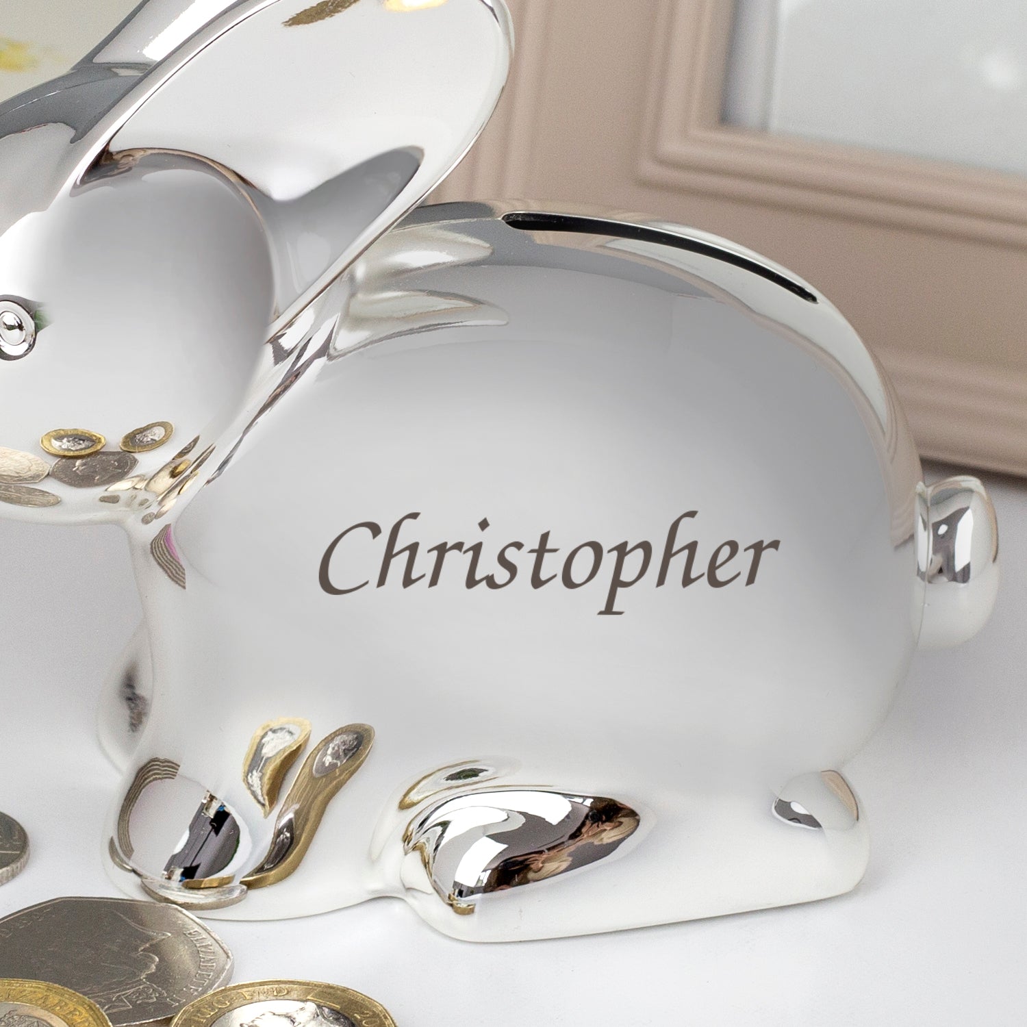 Personalised Name Silver Rabbit Money Box - Money Boxes