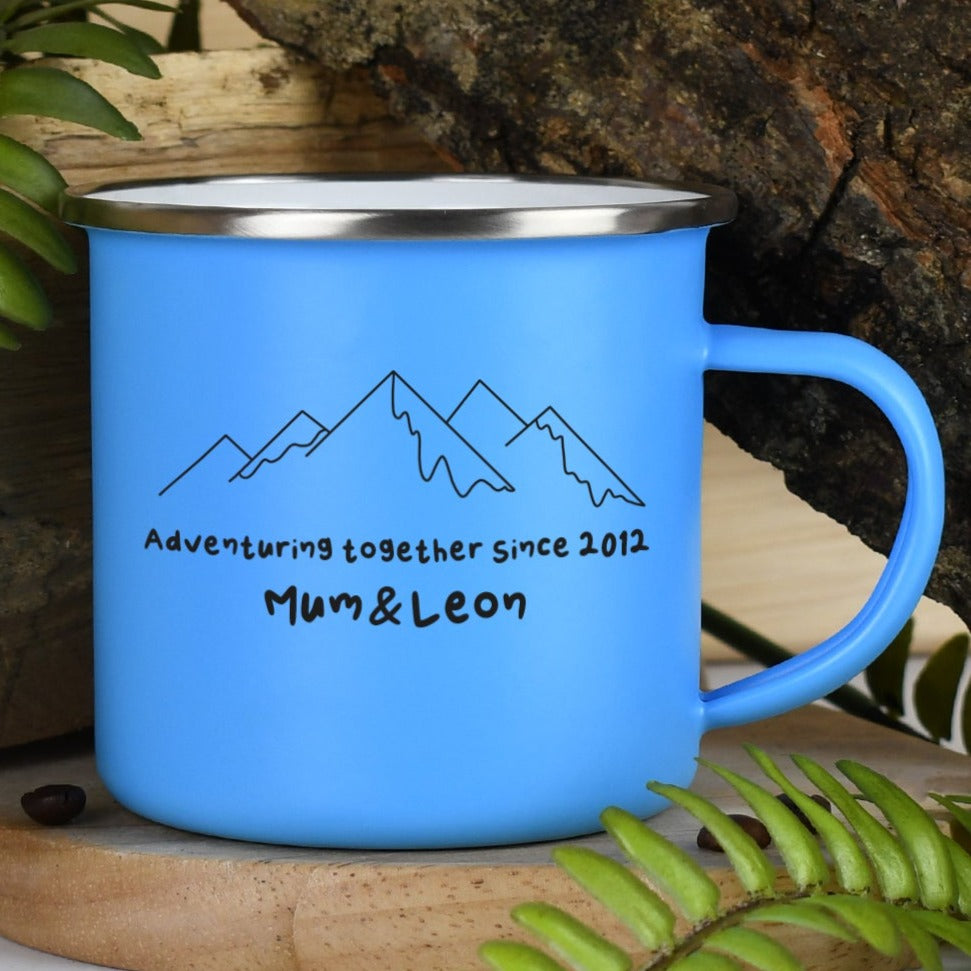 Personalised Adventuring Together Enamel Camping Mug - Light Blue - Mugs