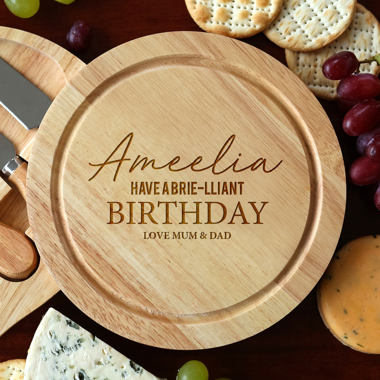 Personalised Brie-lliant Birthday Cheese Board And Knives Set - Cheeseboard Sets