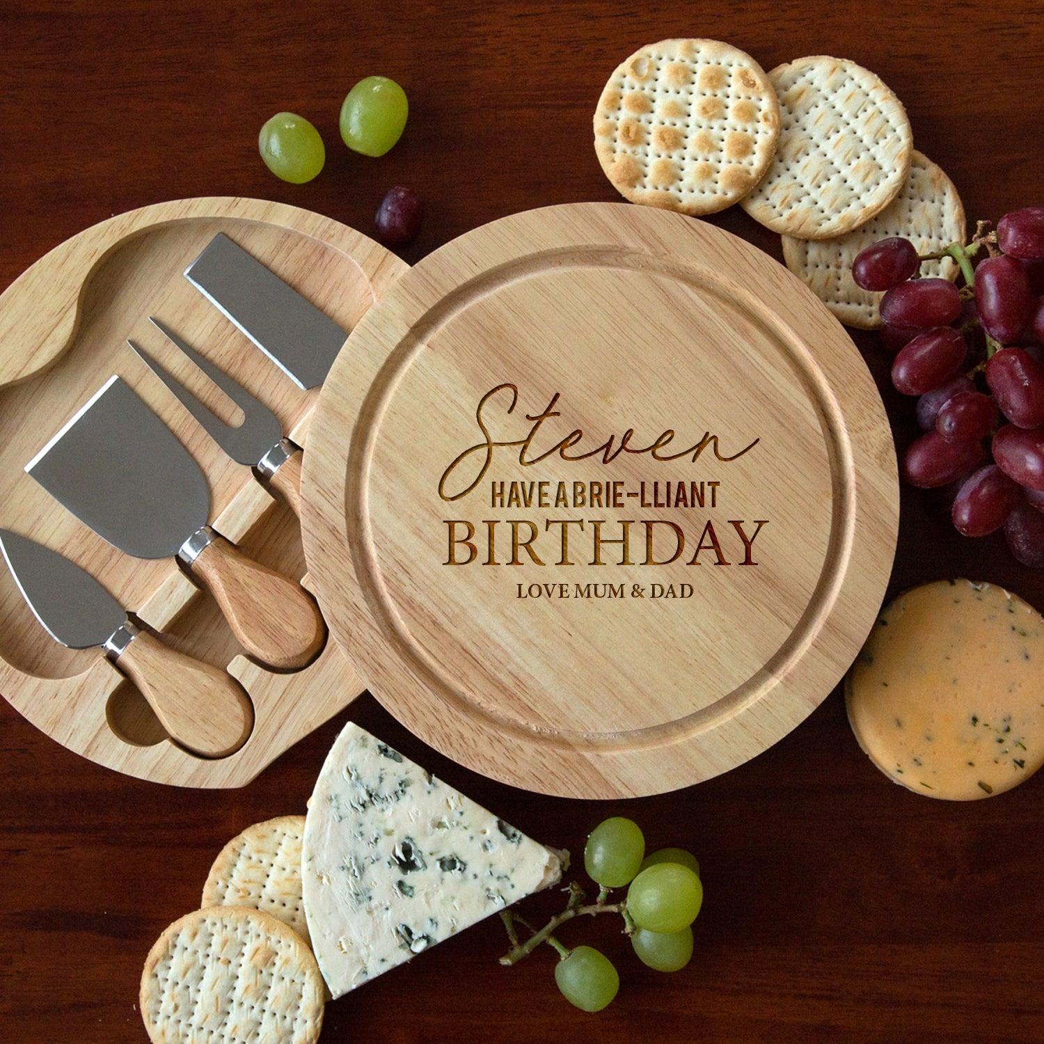 Personalised Brie-lliant Birthday Cheese Board And Knives Set - Cheeseboard Sets