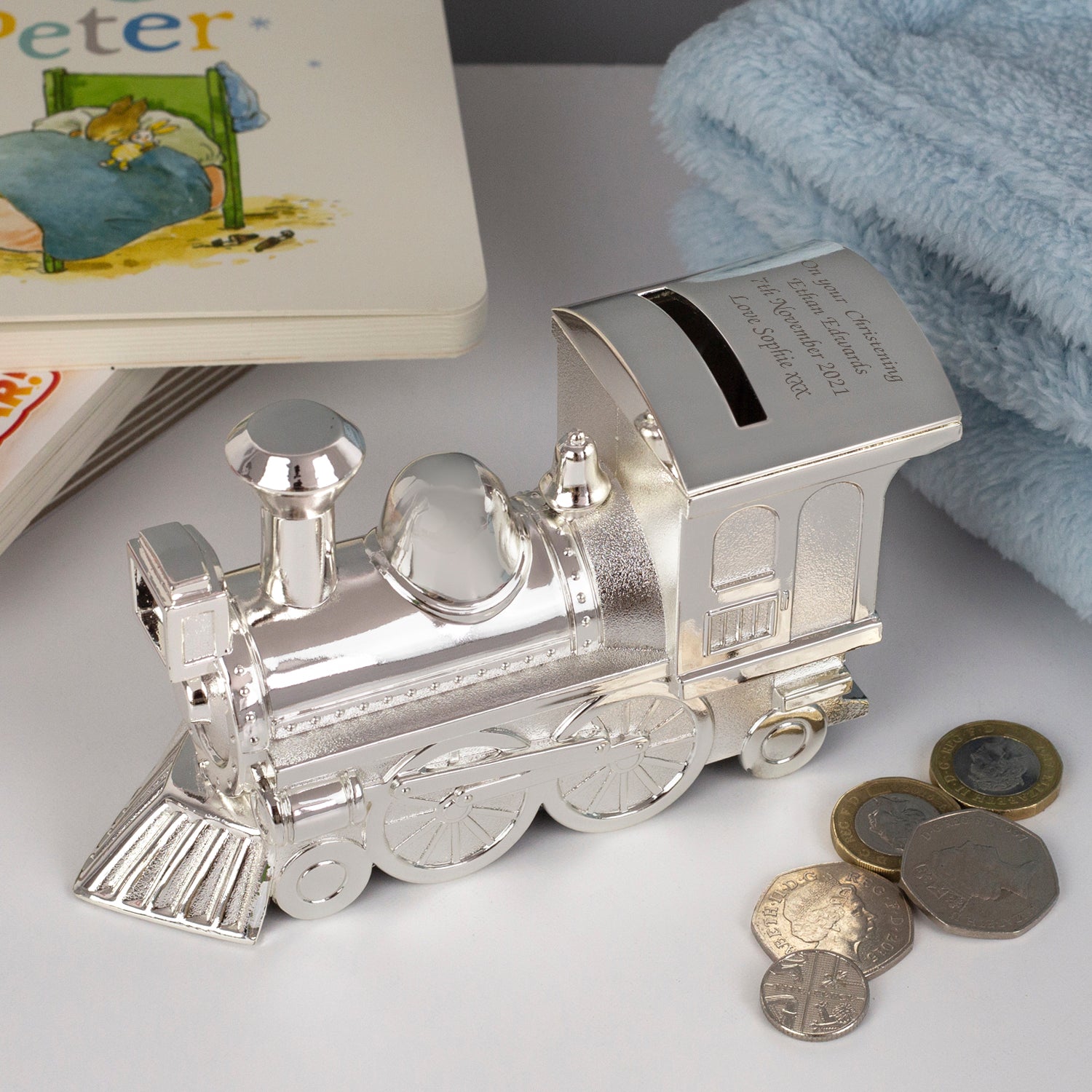 Personalised Message Silver Train Money Box - Money Boxes