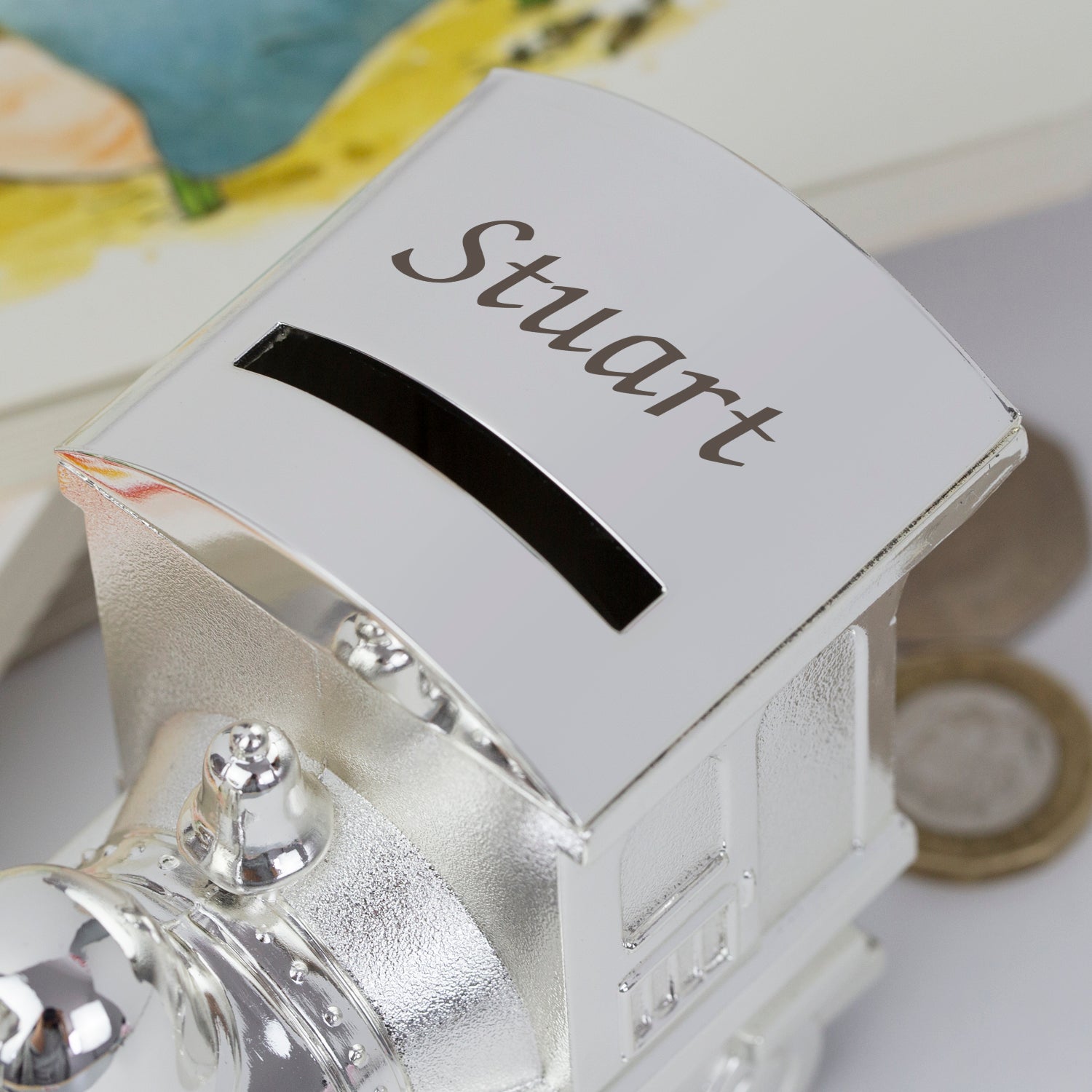 Personalised Name Silver Train Money Box - Money Boxes