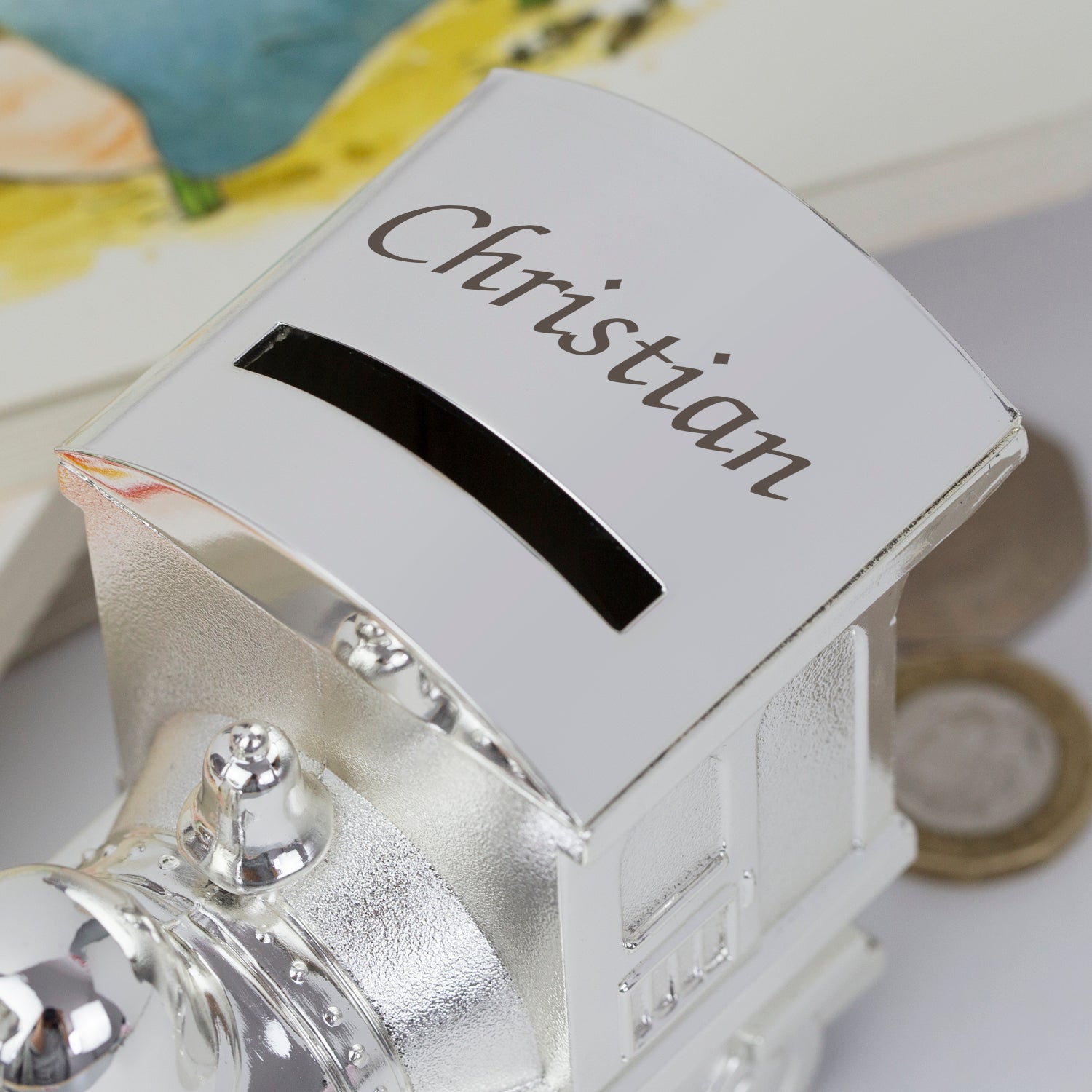 Personalised Name Silver Train Money Box - Money Boxes