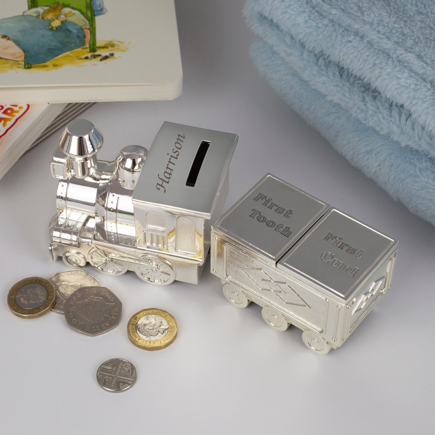 Personalised Name Train Money Box with Tooth & Curl Trinket Box - Money Boxes