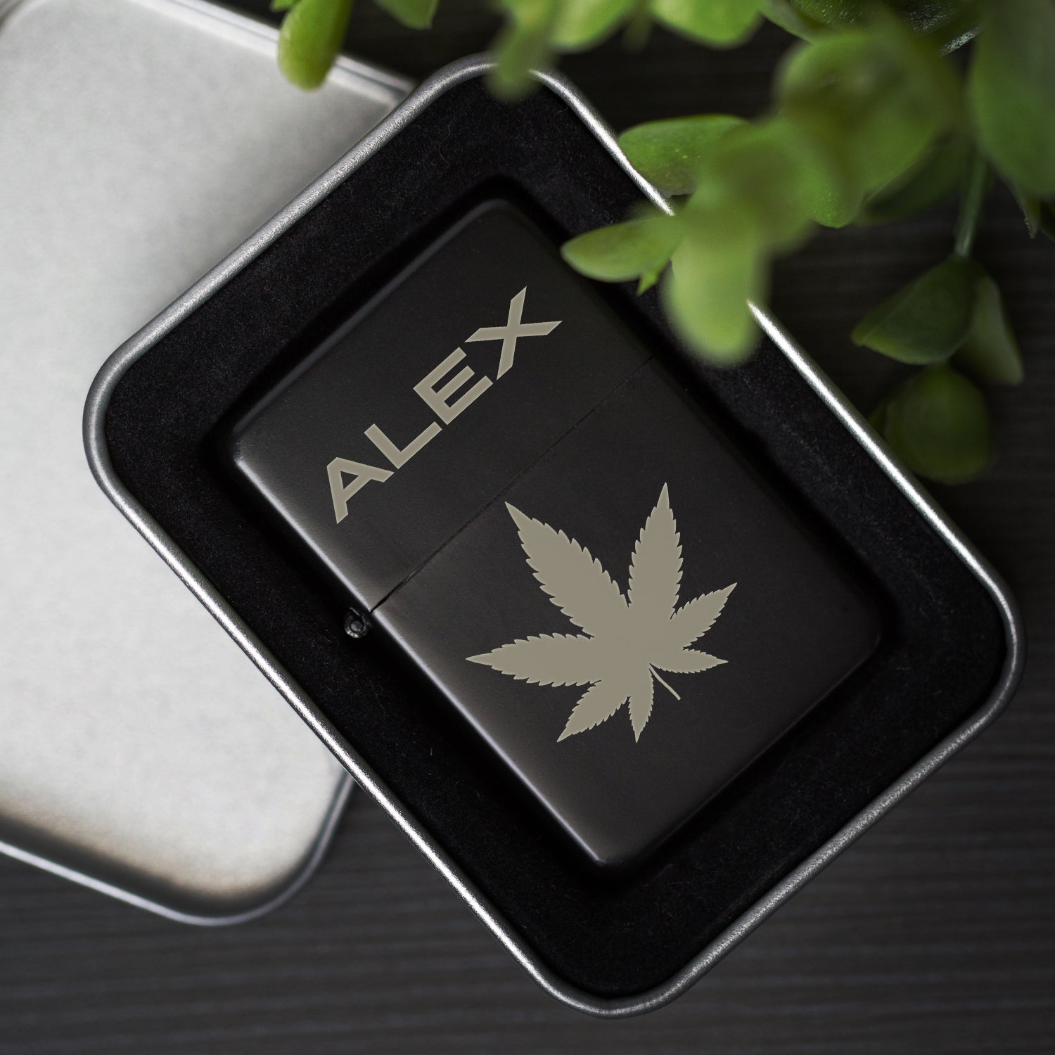 Personalised Hash Leaf Black Lighter & Gift Box - Lighters