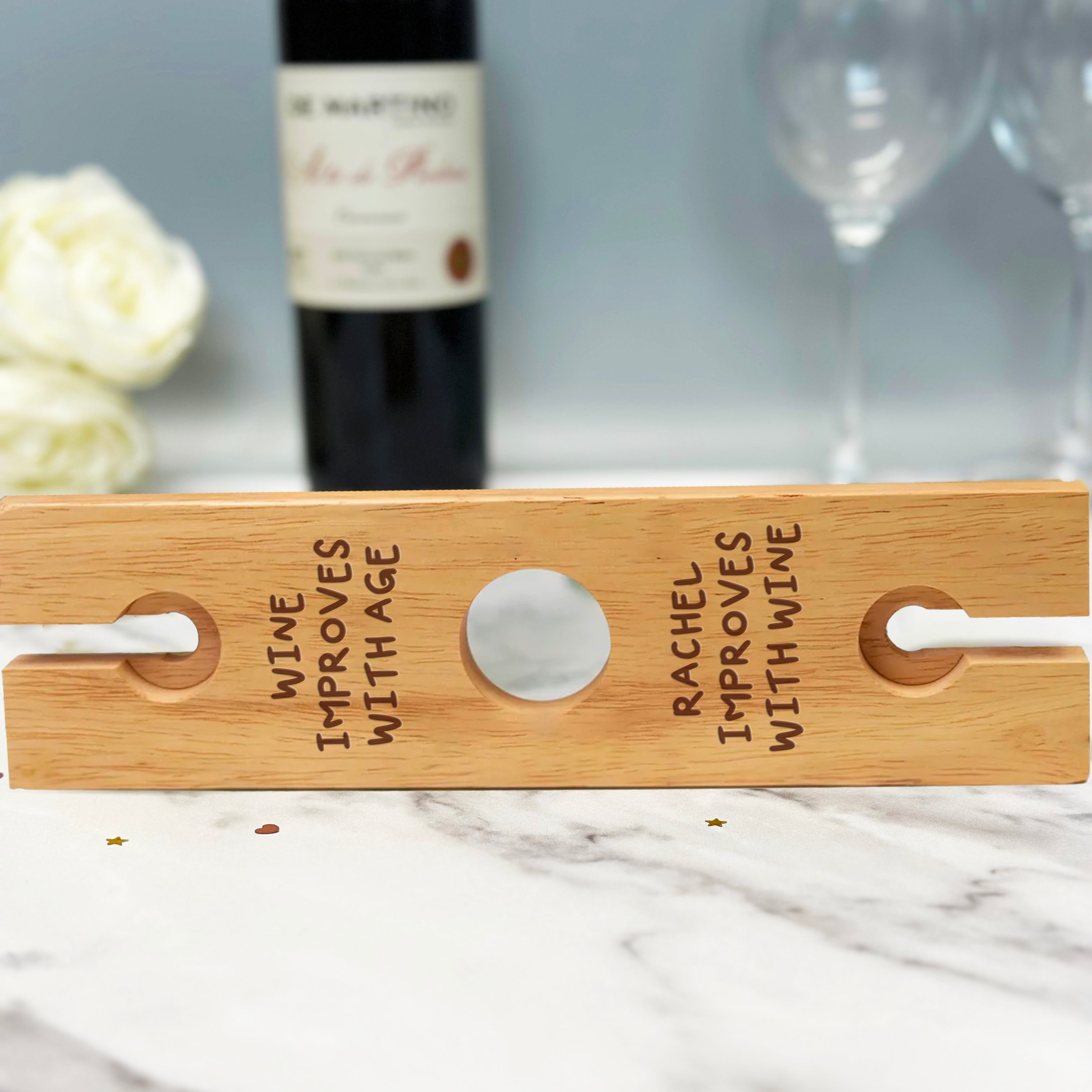 Personalised Improves With Wine Wooden Wine Glass & Bottle Holder - Wooden Wine Holders