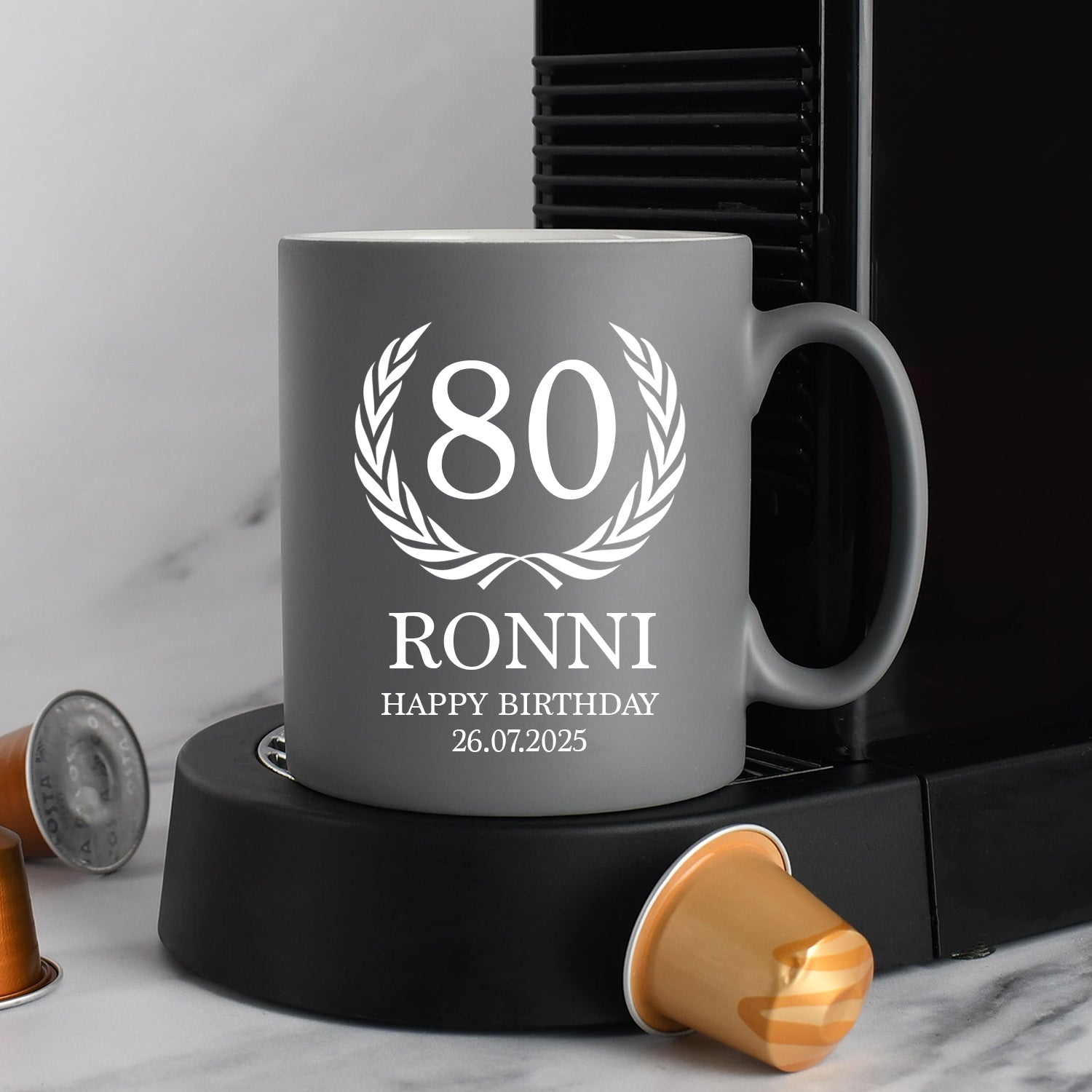 Personalised 80th Birthday Crest Mug - Grey - Mugs