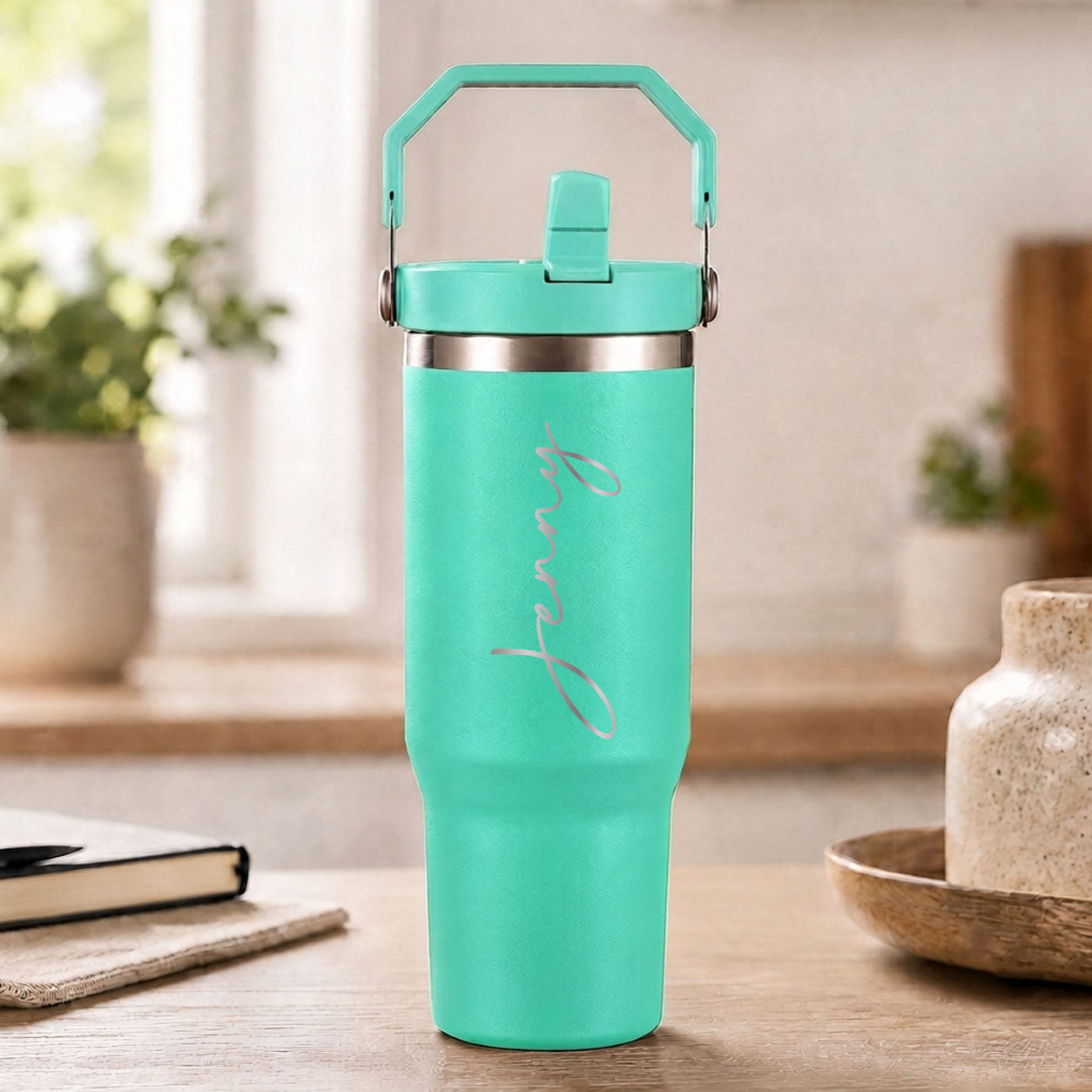 Personalised aqua green insulated travel cup with large engraved name and flip straw