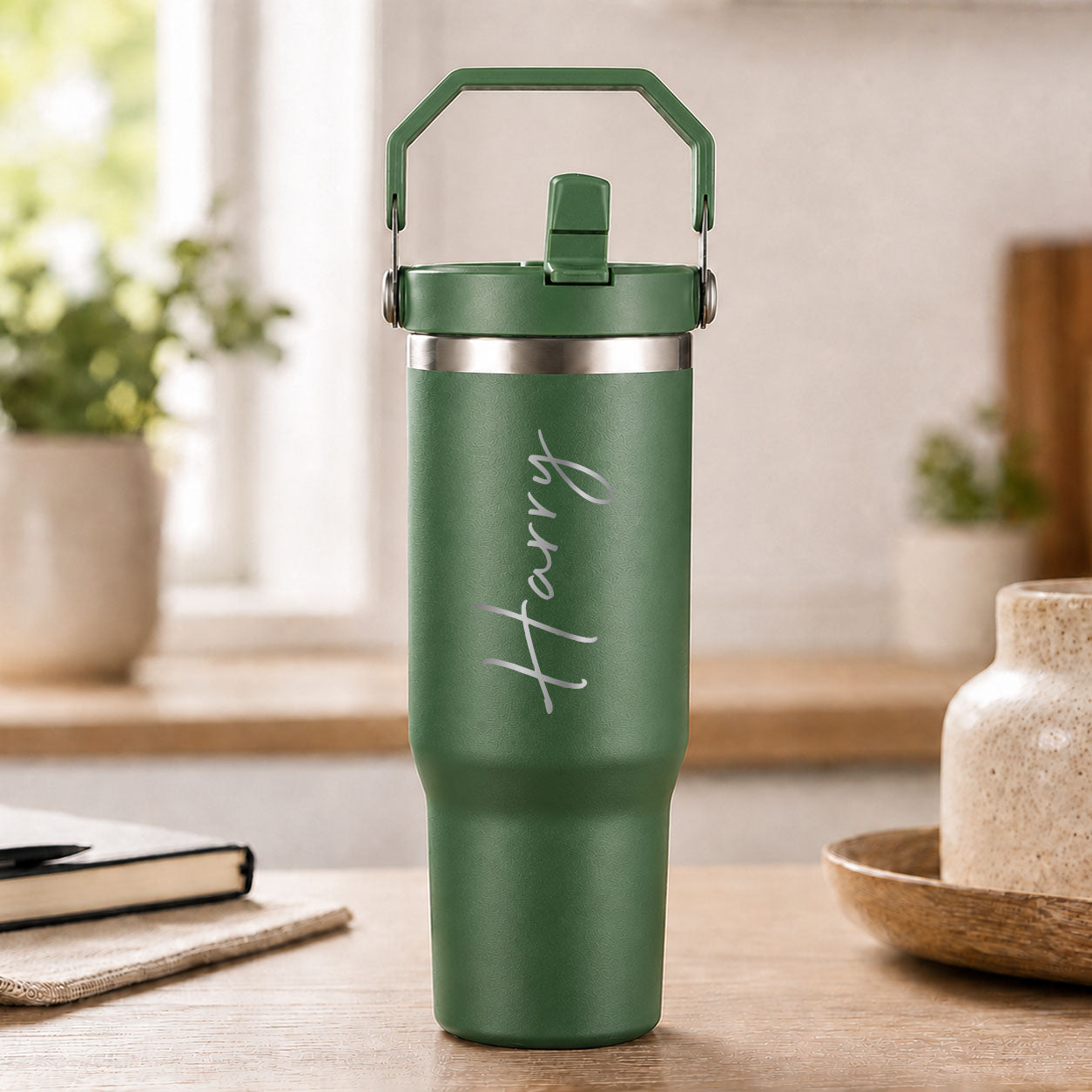 Personalised army green insulated travel cup with large engraved name and flip straw