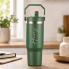 Personalised army green insulated travel cup with large engraved name and flip straw