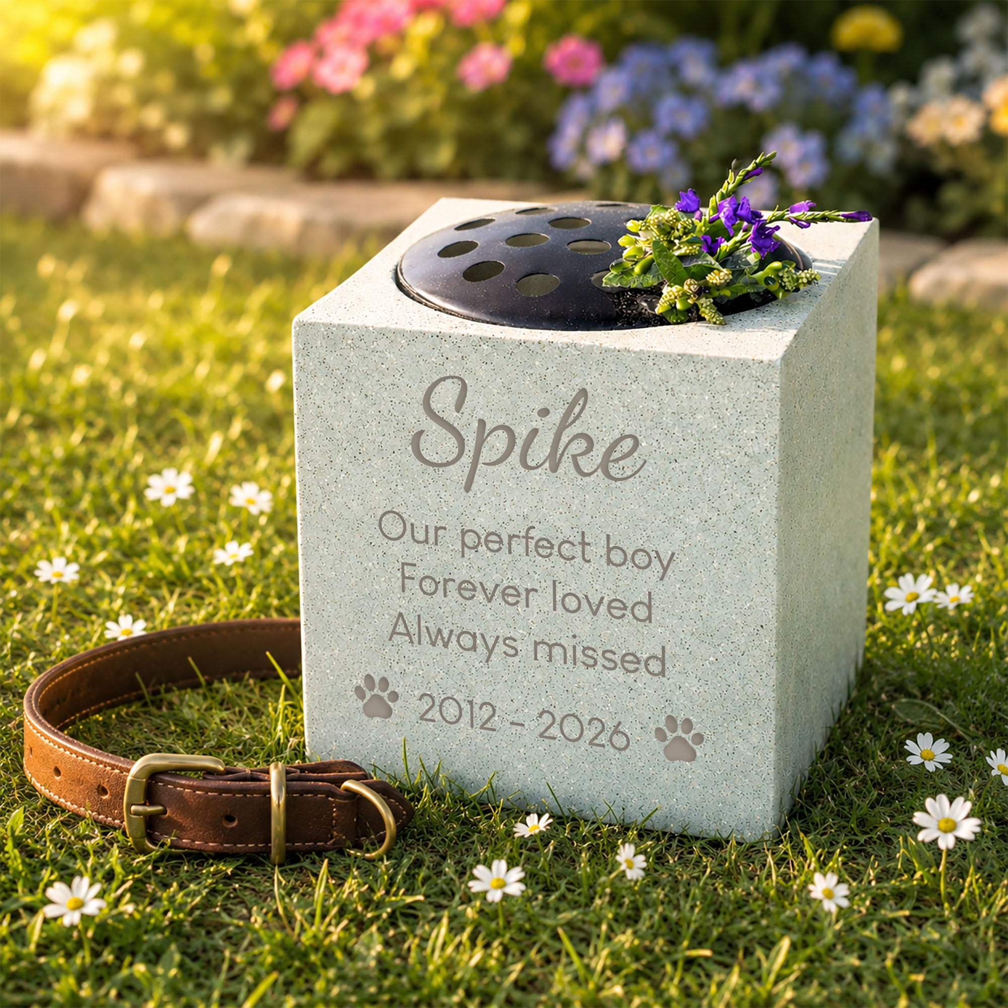 Personalised dog memorial flower vase engraved with a pet name, message, paw prints and dates