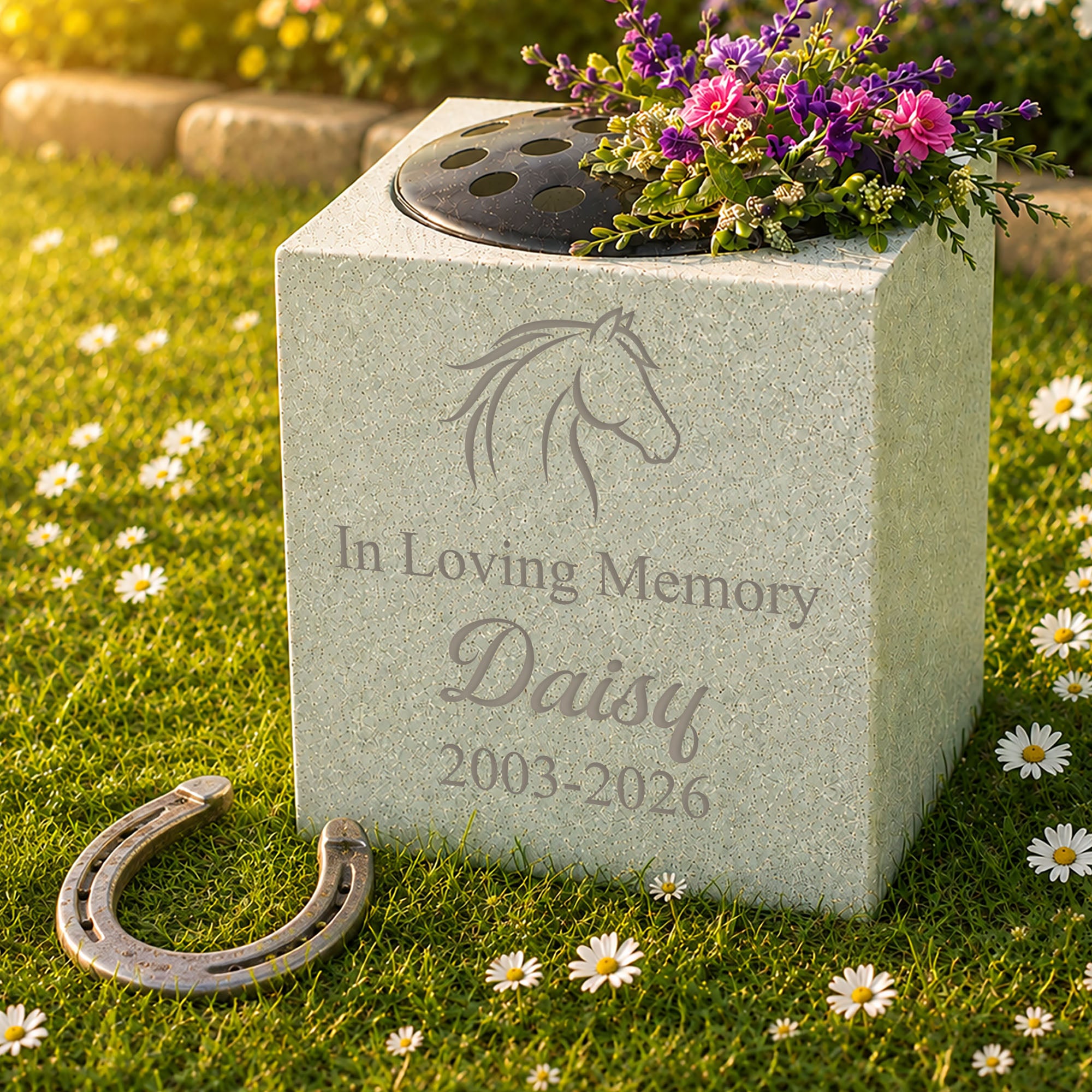 Horse memorial flower vase in stone-effect resin, planted with fresh flowers in a garden