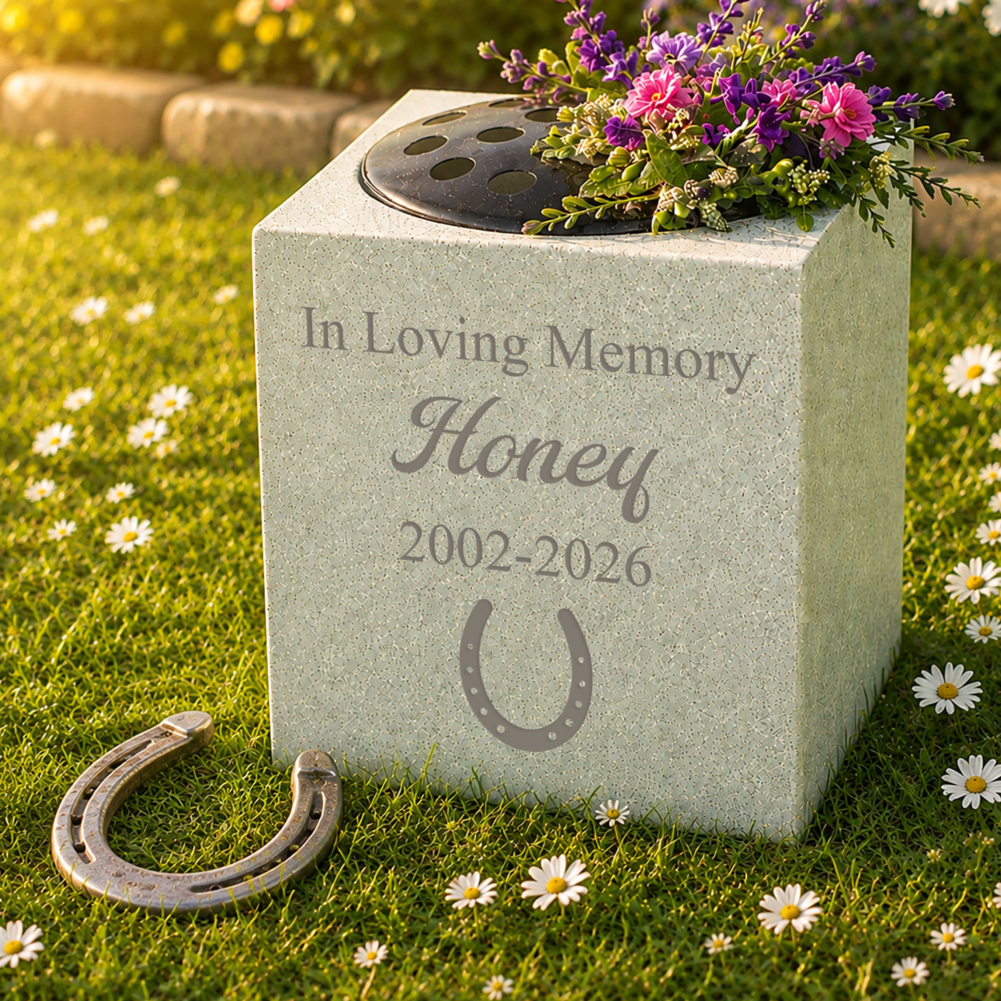 Horseshoe memorial vase in stone-effect resin with removable black flower grid lid