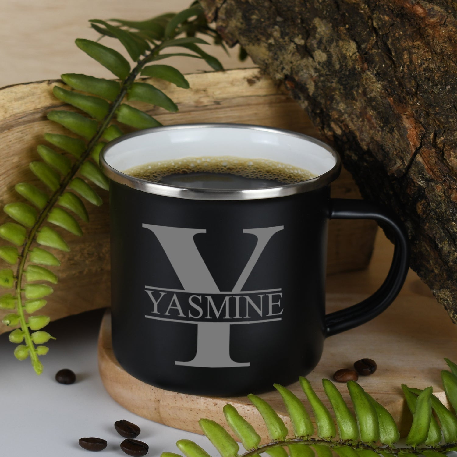 Personalised Initial & Name Enamel Camping Mug - Black - Mugs
