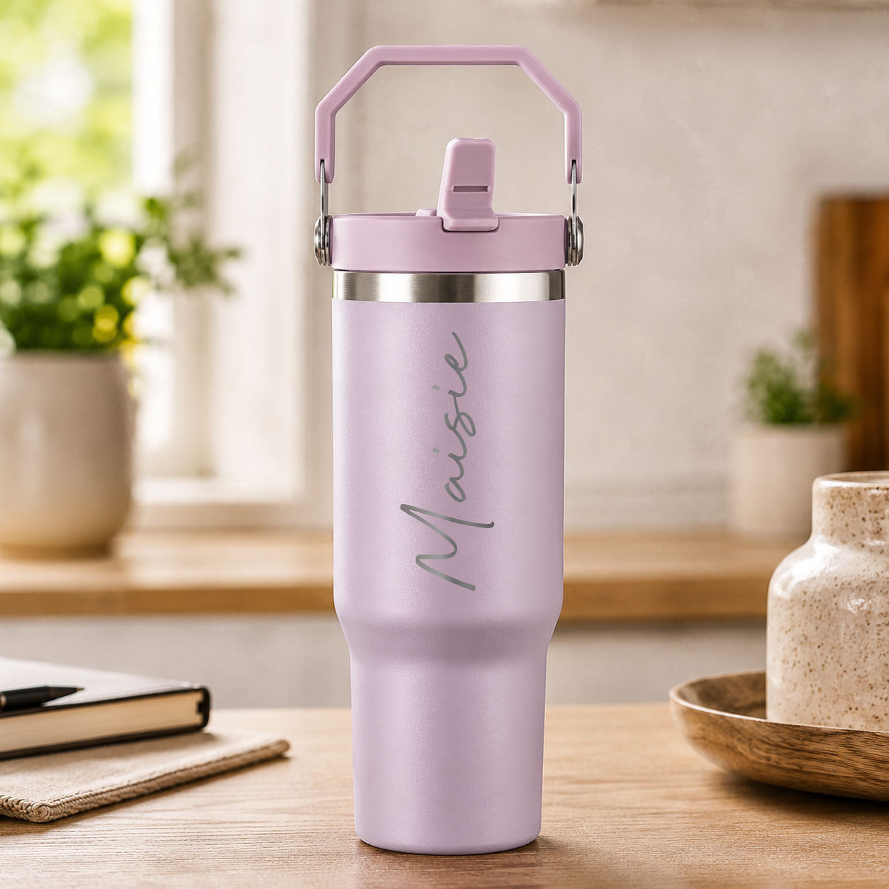 Personalised lavender insulated travel cup with large engraved name and flip straw