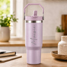 Personalised lavender insulated travel cup with large engraved name and flip straw