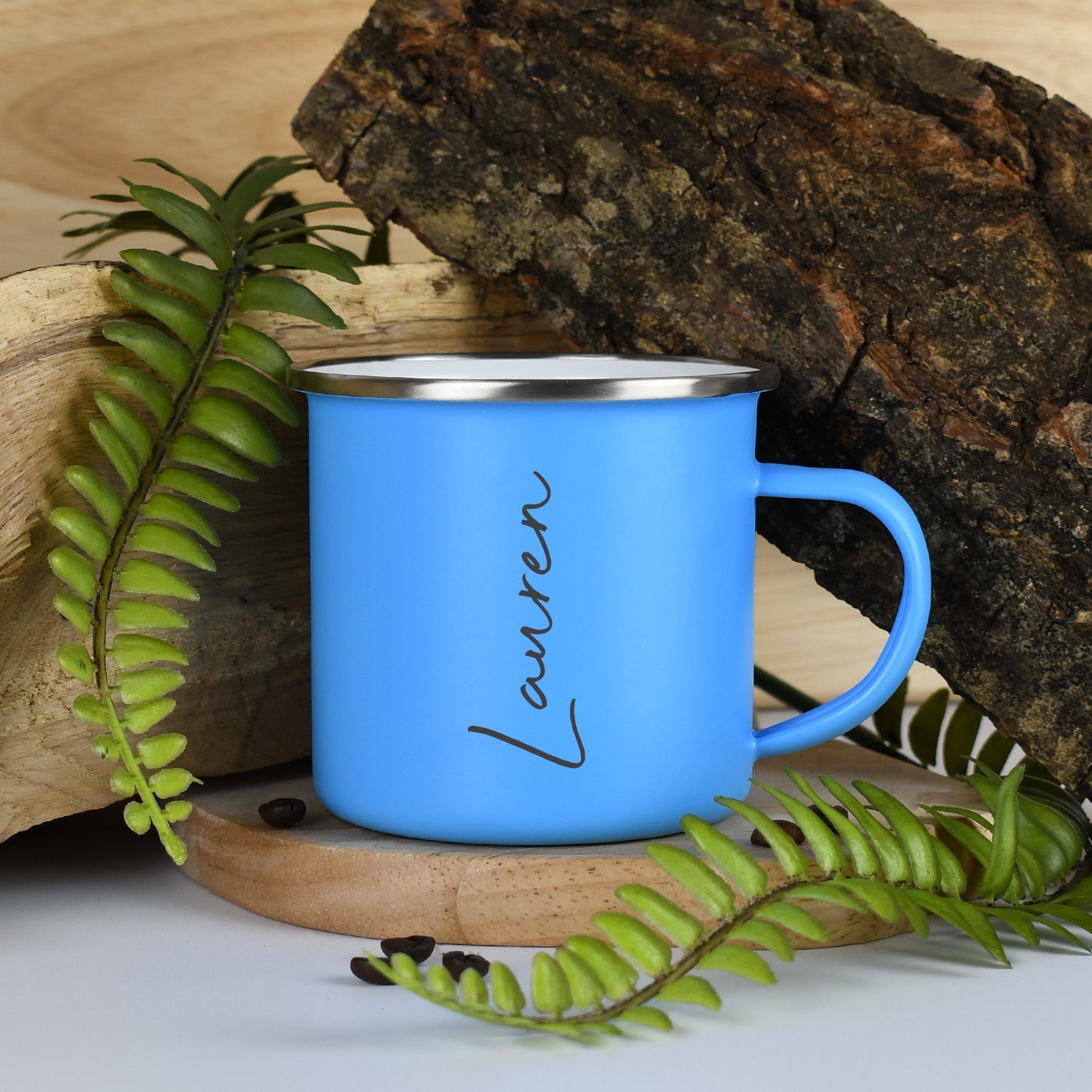 Personalised Name Enamel Camping Mug - Light Blue - Mugs