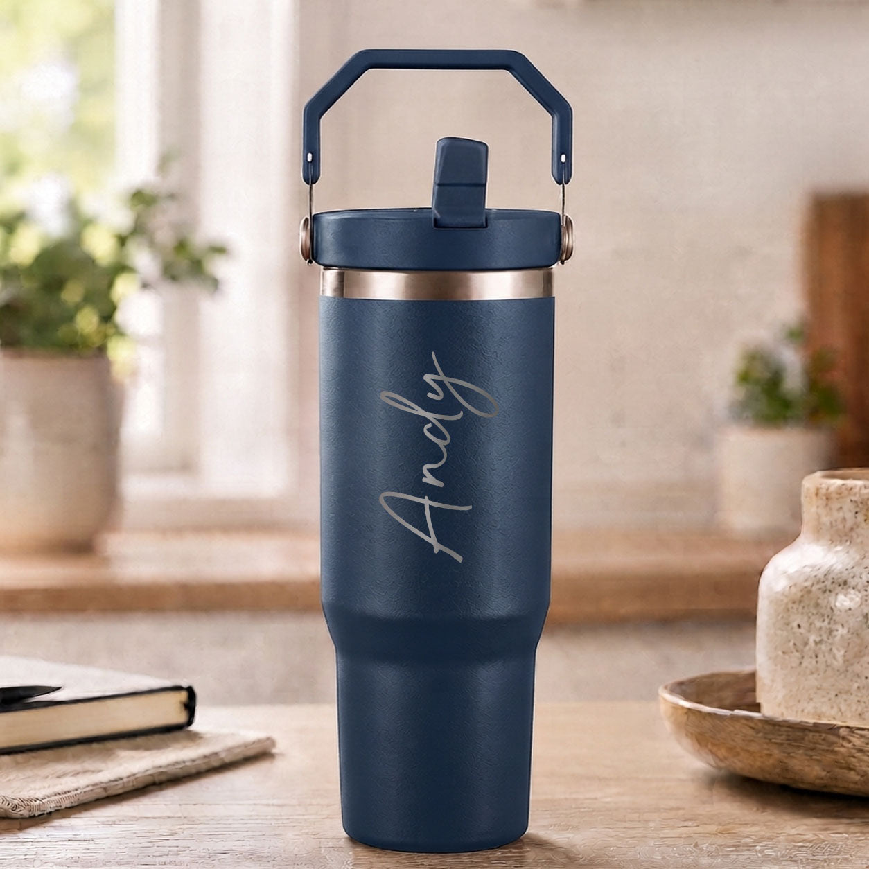 Personalised navy blue insulated travel cup with large engraved name and flip straw