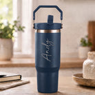 Personalised navy blue insulated travel cup with large engraved name and flip straw