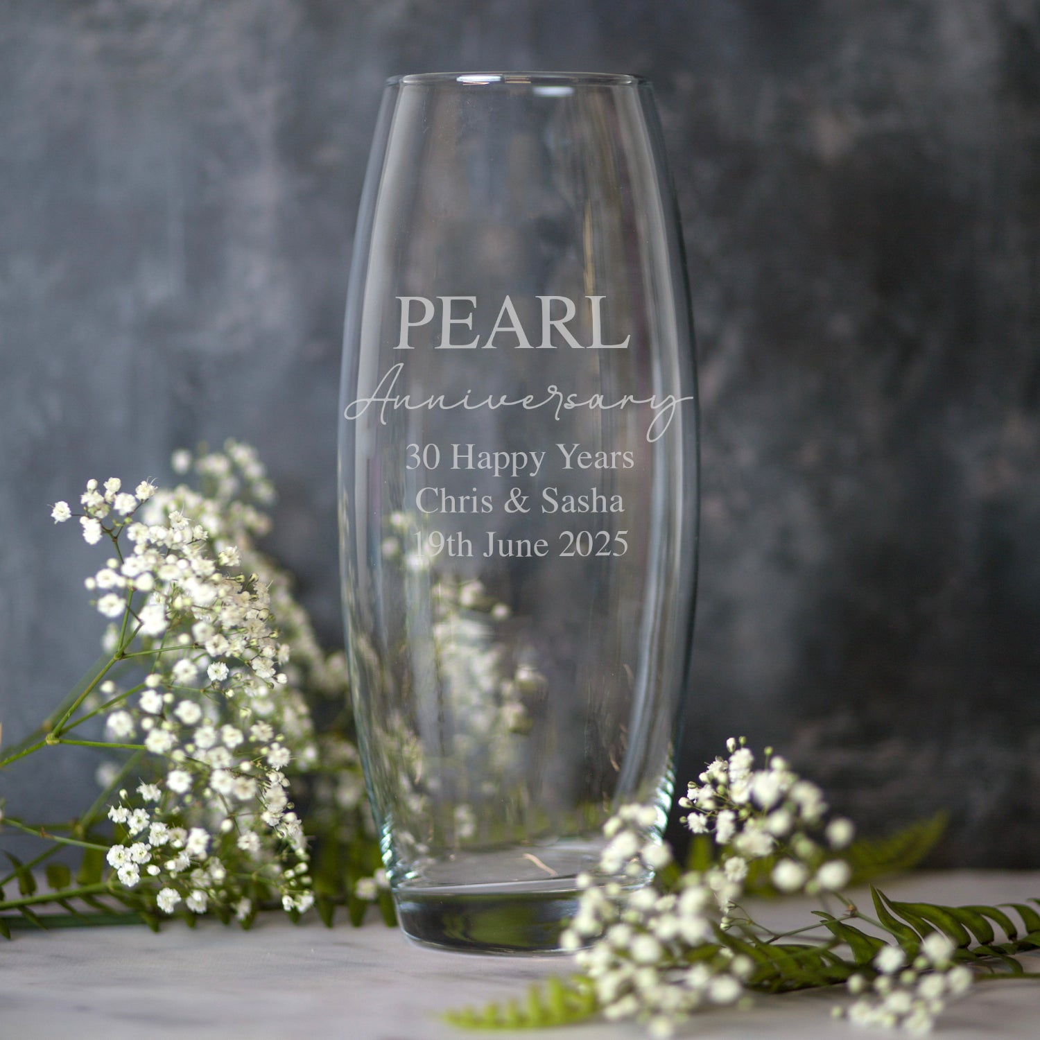 Personalised Glass Bullet Vase – Engraved 30th Pearl Anniversary Gift