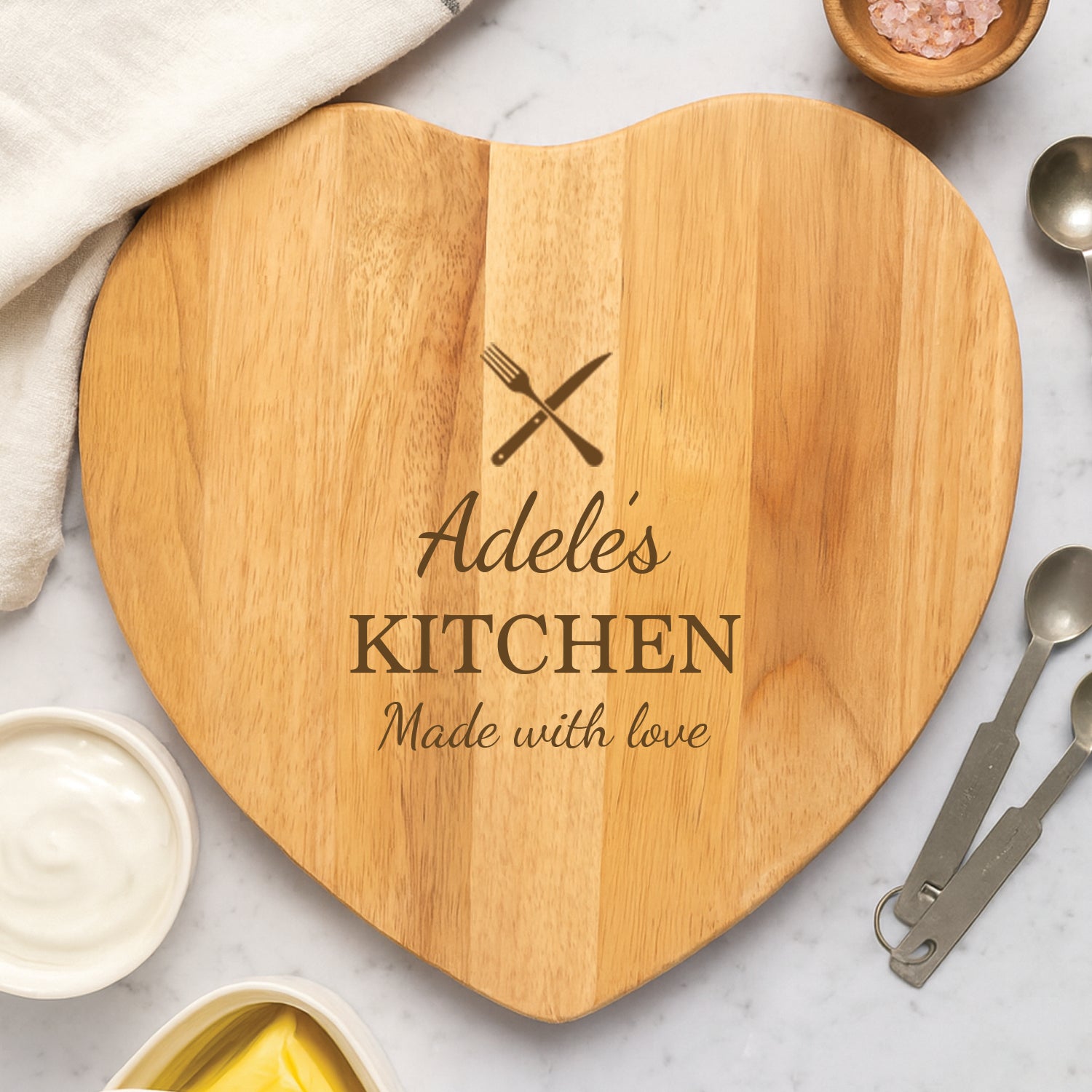 Personalised Knife & Fork Heart Wooden Chopping Board - Chopping Boards
