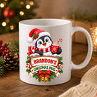 Personalised penguin Christmas mug shown from a second angle