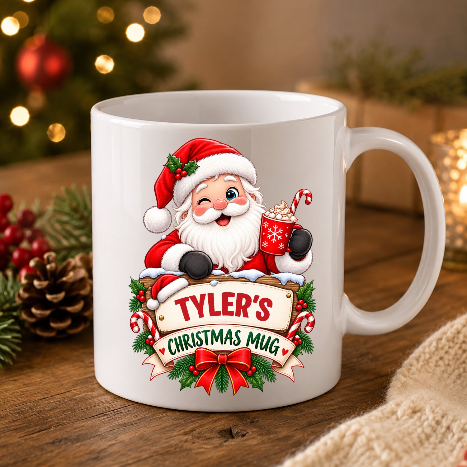 Personalised Santa Christmas mug in glossy white ceramic with a name on a wooden sign