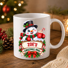 Personalised snowman Christmas mug shown from a second angle