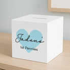 Personalised Blue Heart Wooden Money Box - Money Boxes