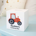 Personalised Red Tractor Wooden Money Box - Money Boxes