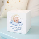 Personalised Sleeping Teddy Blue Wooden Money Box - Money Boxes
