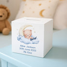 Personalised Sleeping Teddy Blue Wooden Money Box - Money Boxes